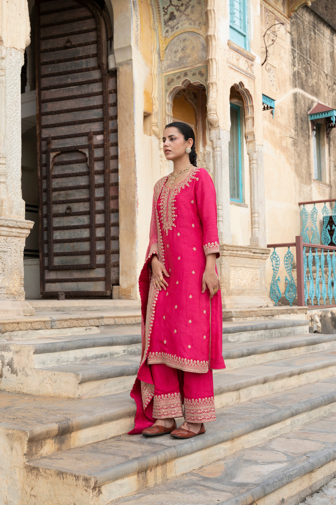 Pink  Pure Dola Silk Kurta Set With Bandhani Dupatta