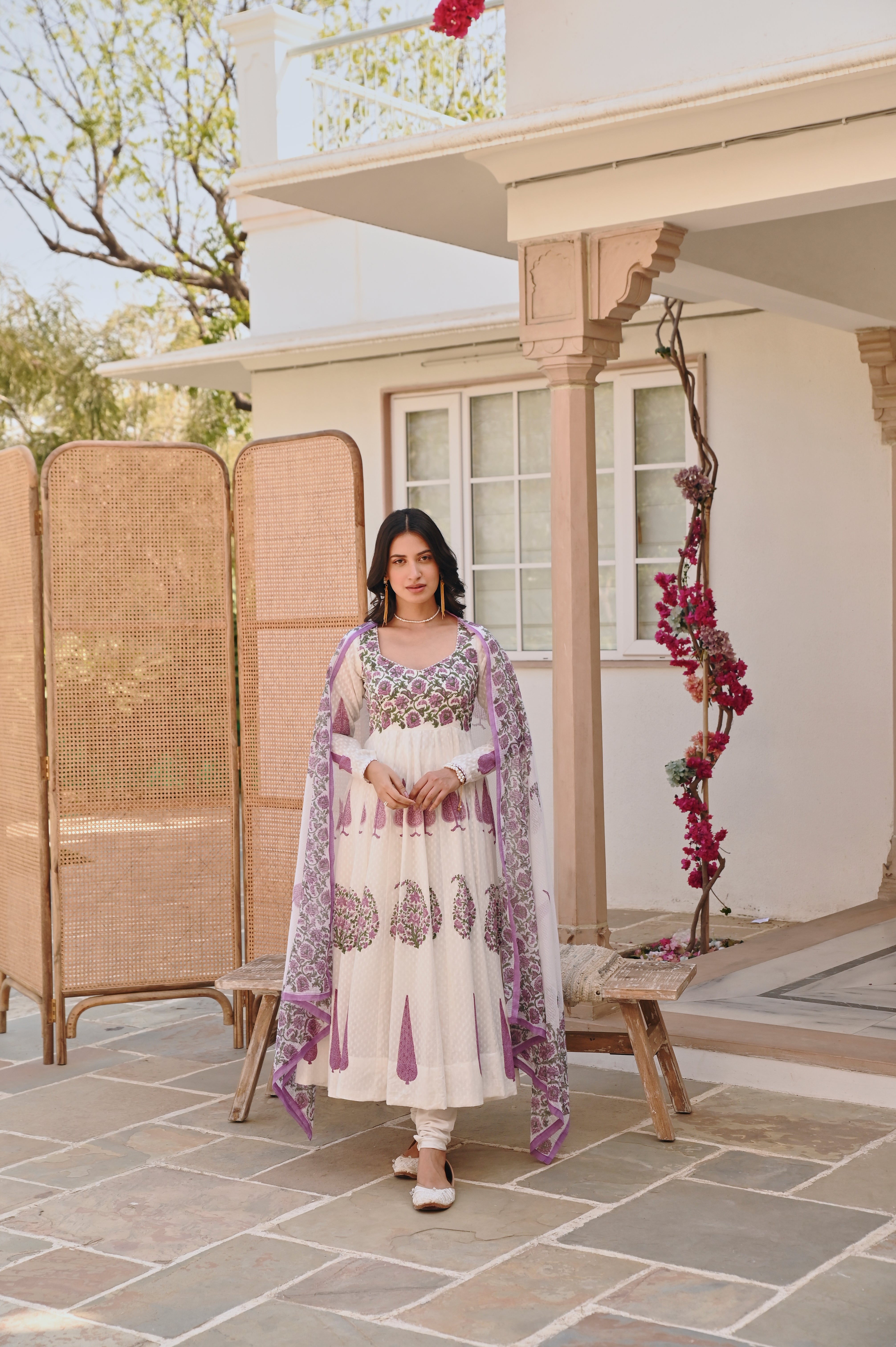 PURPLE HANDBLOCK PRINTED ANARKALI SET