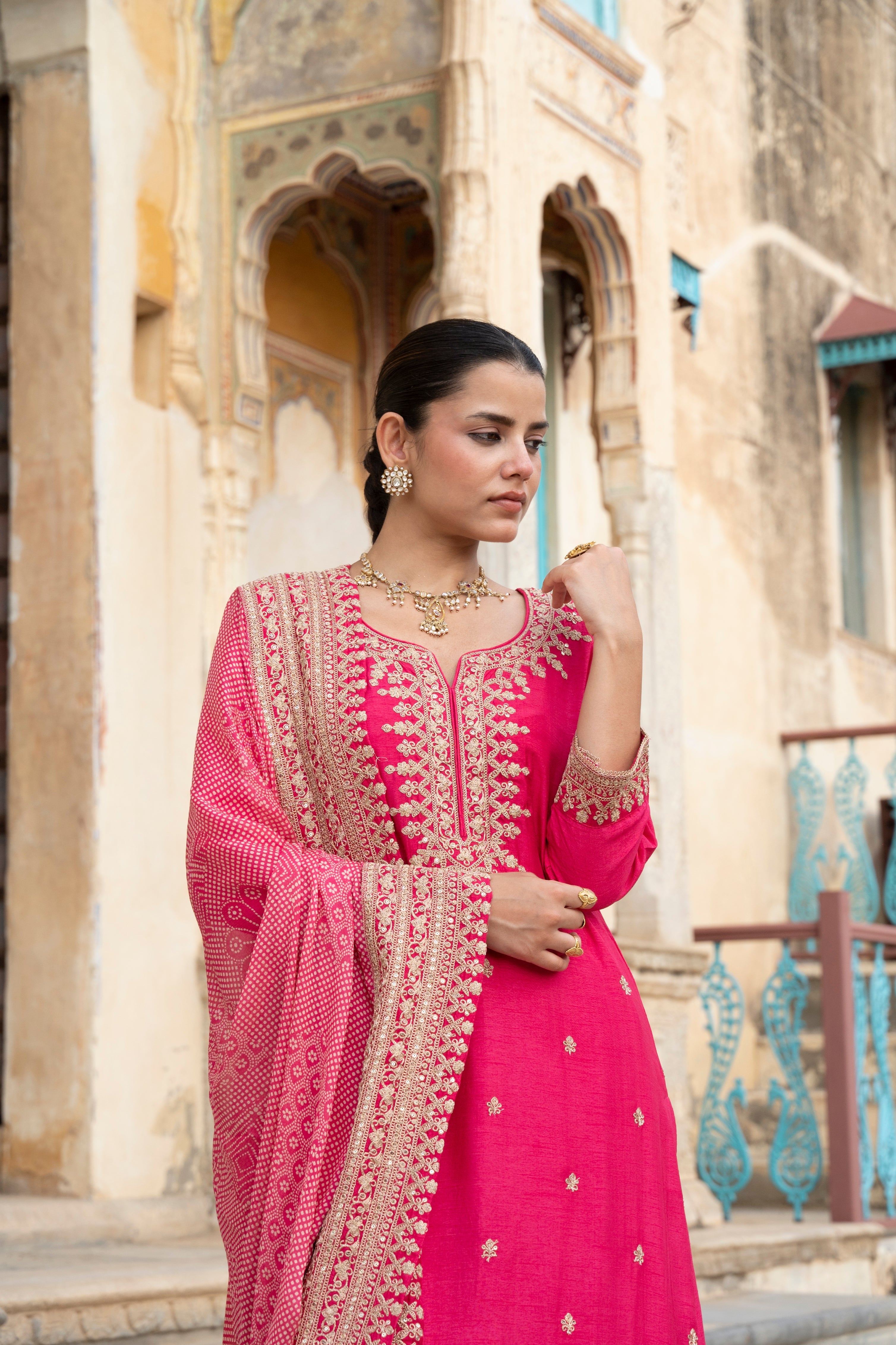 Pink  Pure Dola Silk Kurta Set With Bandhani Dupatta