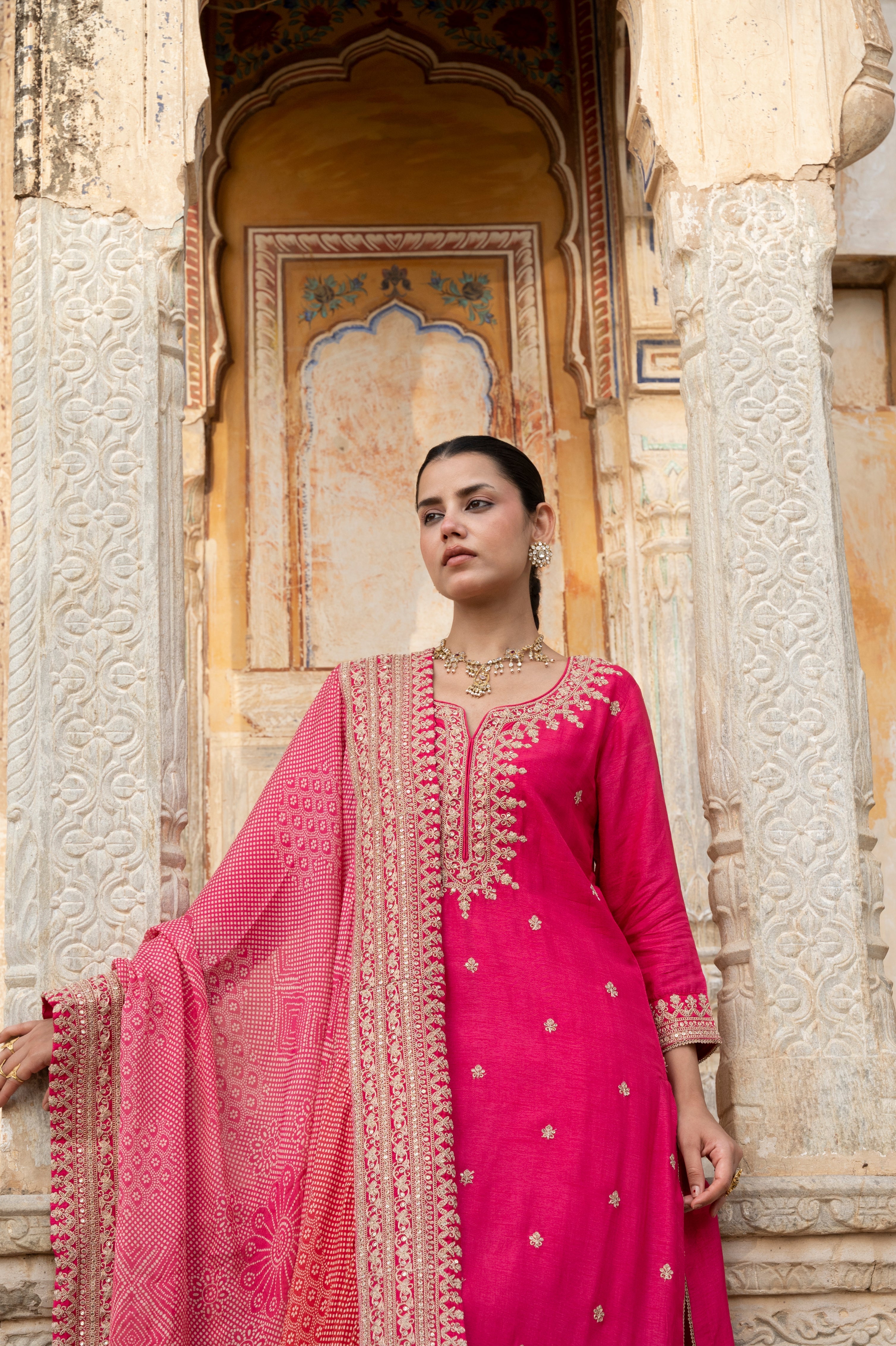 Pink  Pure Dola Silk Kurta Set With Bandhani Dupatta