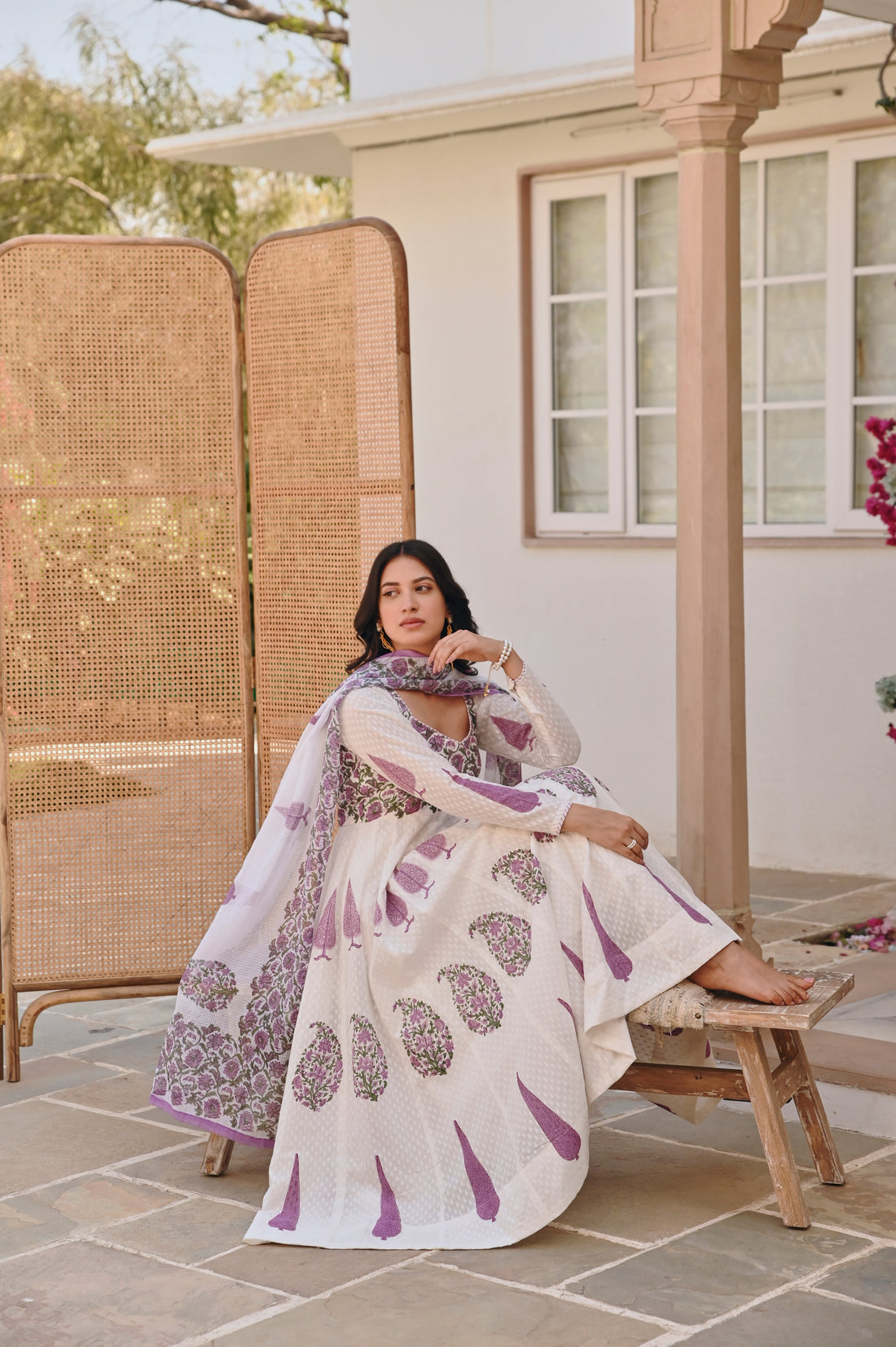 PURPLE HANDBLOCK PRINTED ANARKALI SET