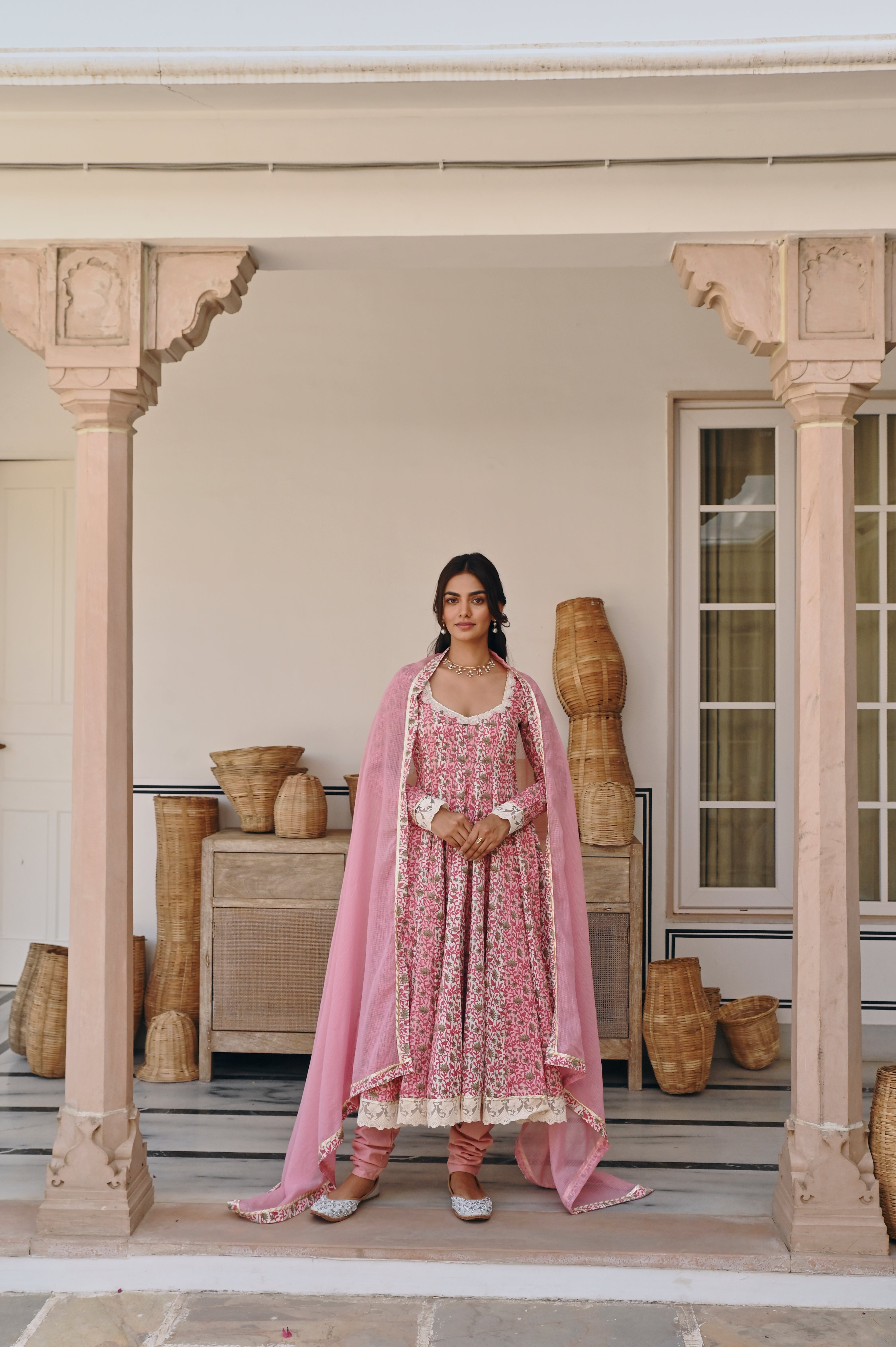PINK FLORAL PRINT ANARKALI SET