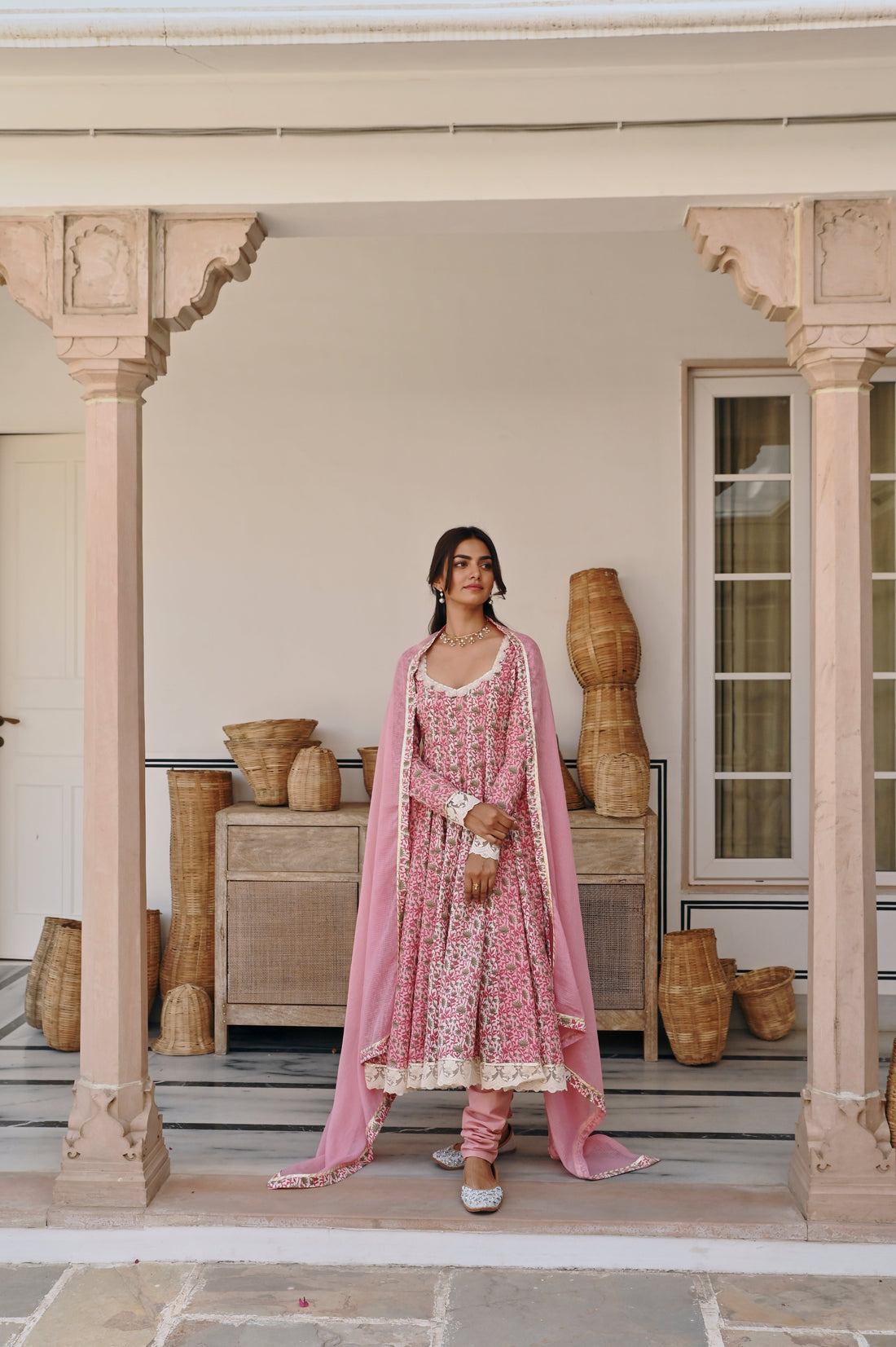 PINK FLORAL PRINT ANARKALI SET