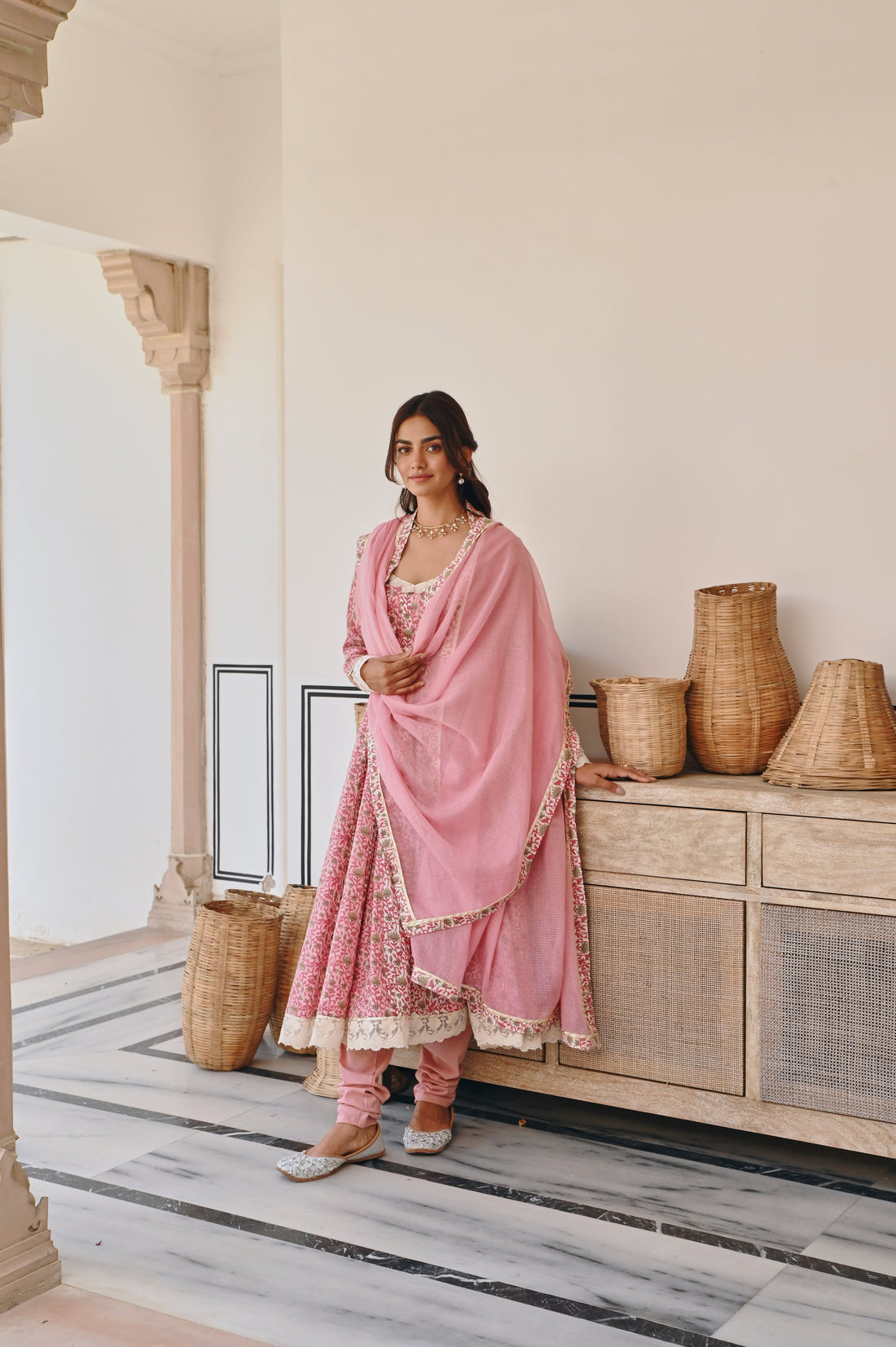 PINK FLORAL PRINT ANARKALI SET
