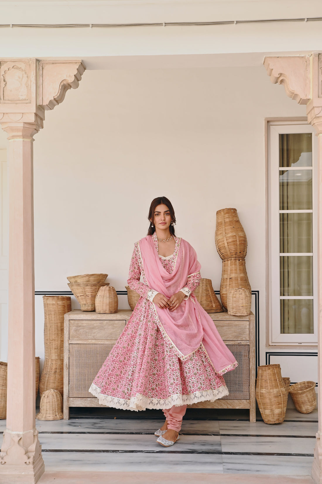PINK FLORAL PRINT ANARKALI SET