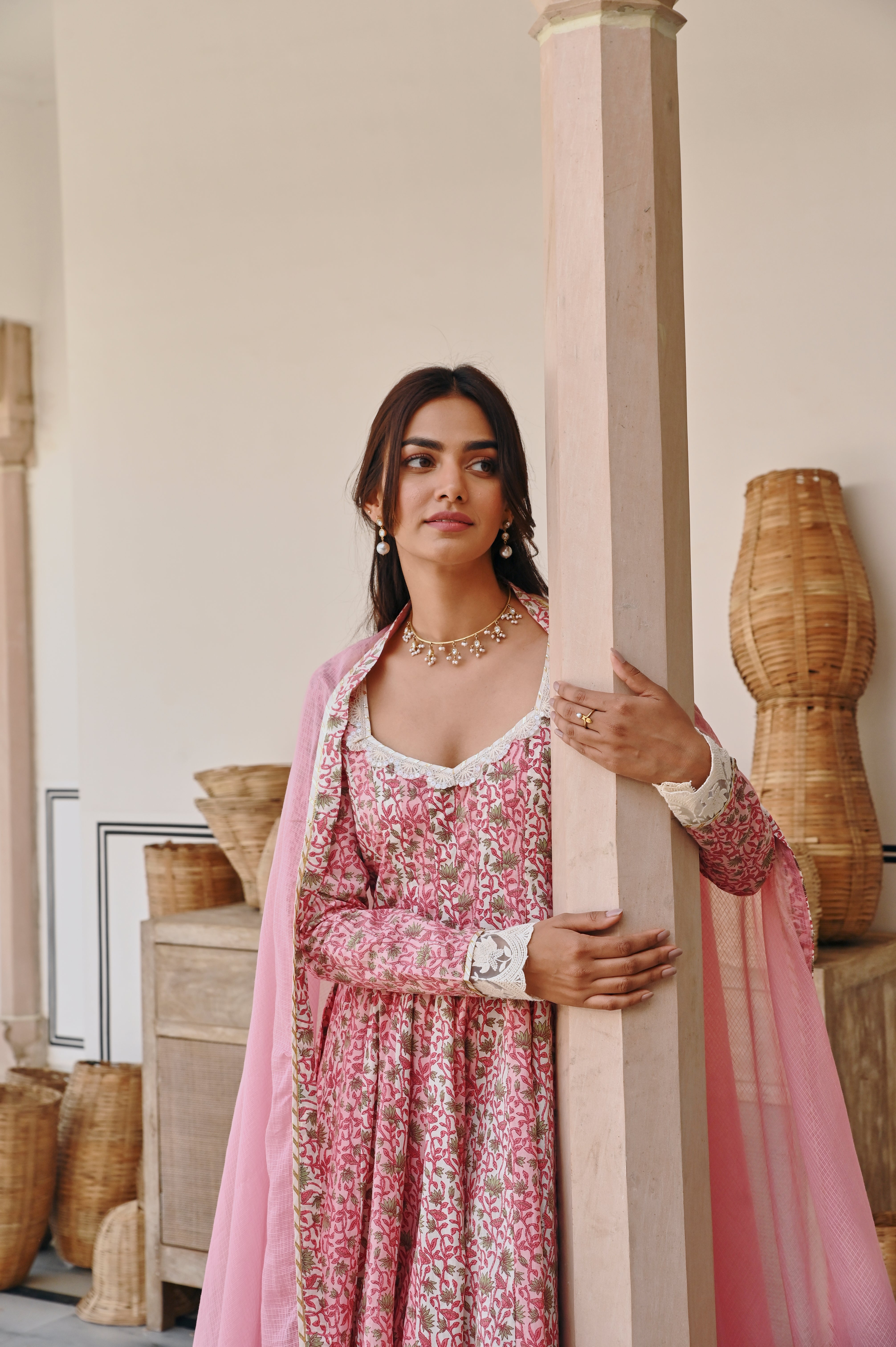 PINK FLORAL PRINT ANARKALI SET