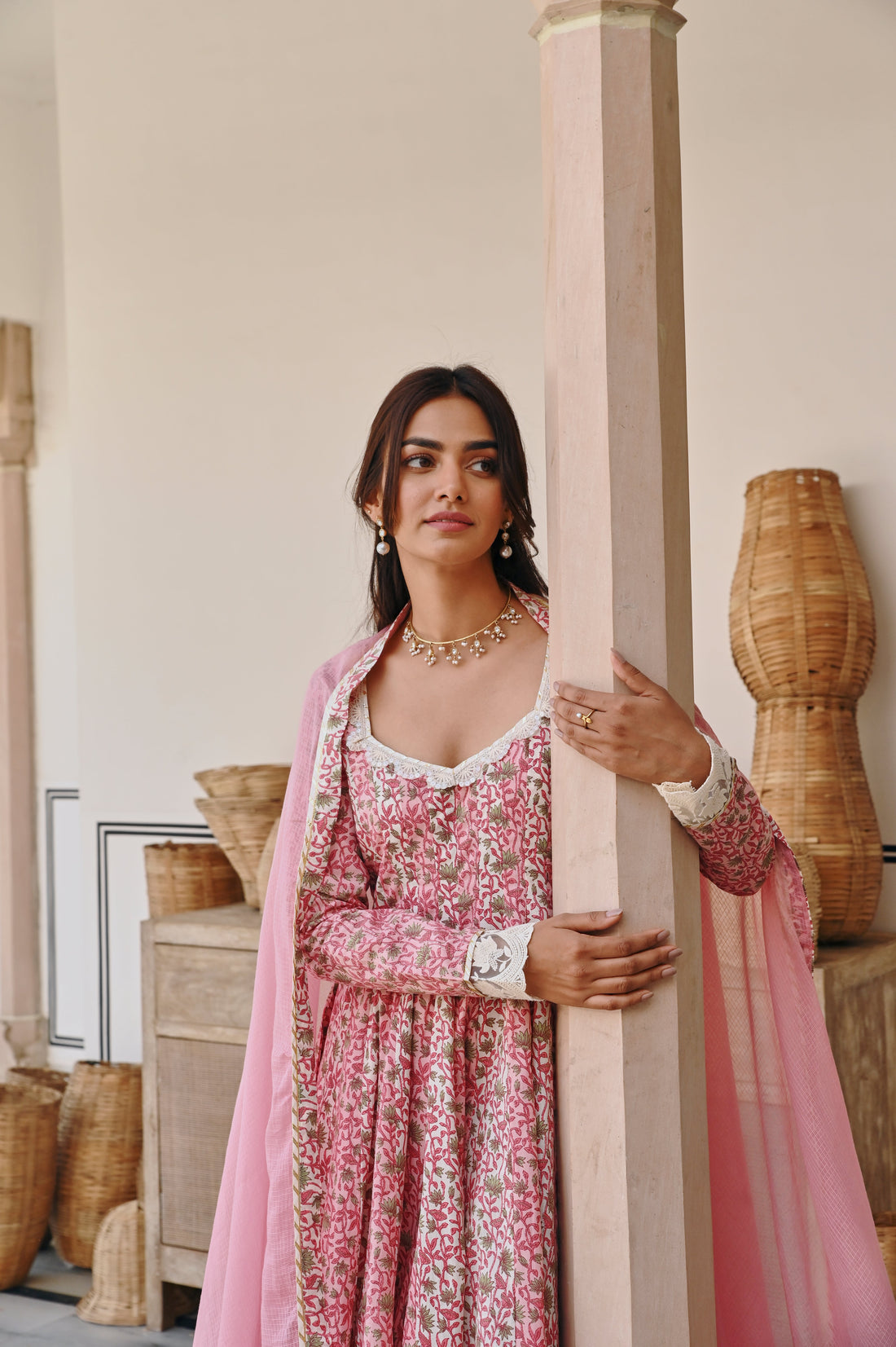 PINK FLORAL PRINT ANARKALI SET