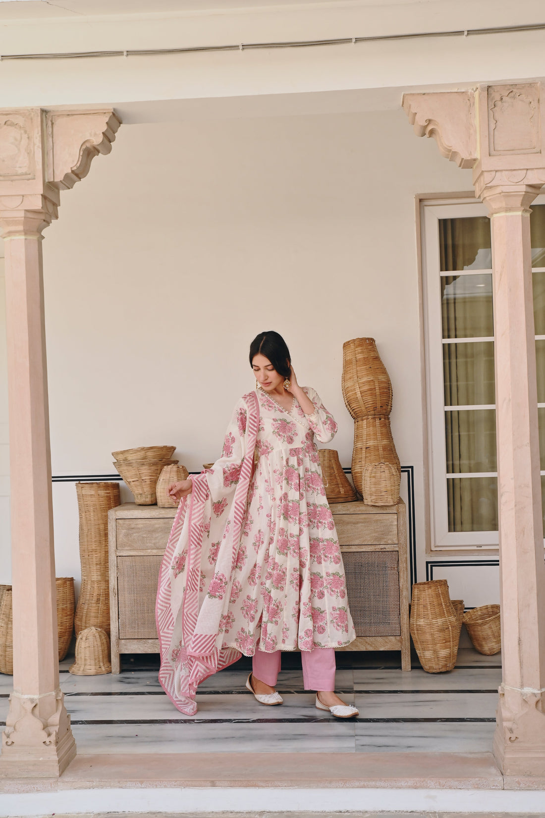 PINK FLORAL PRINTED ANARKALI SET