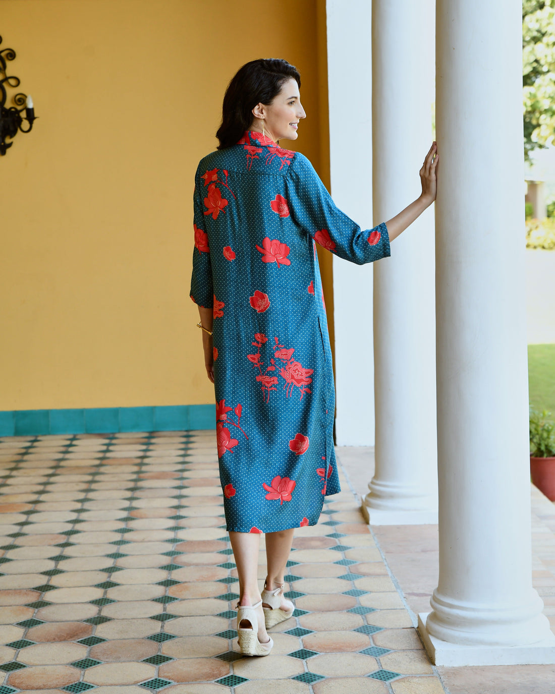 BLUE PRINTED LONG ALINE SHIRT DRESS