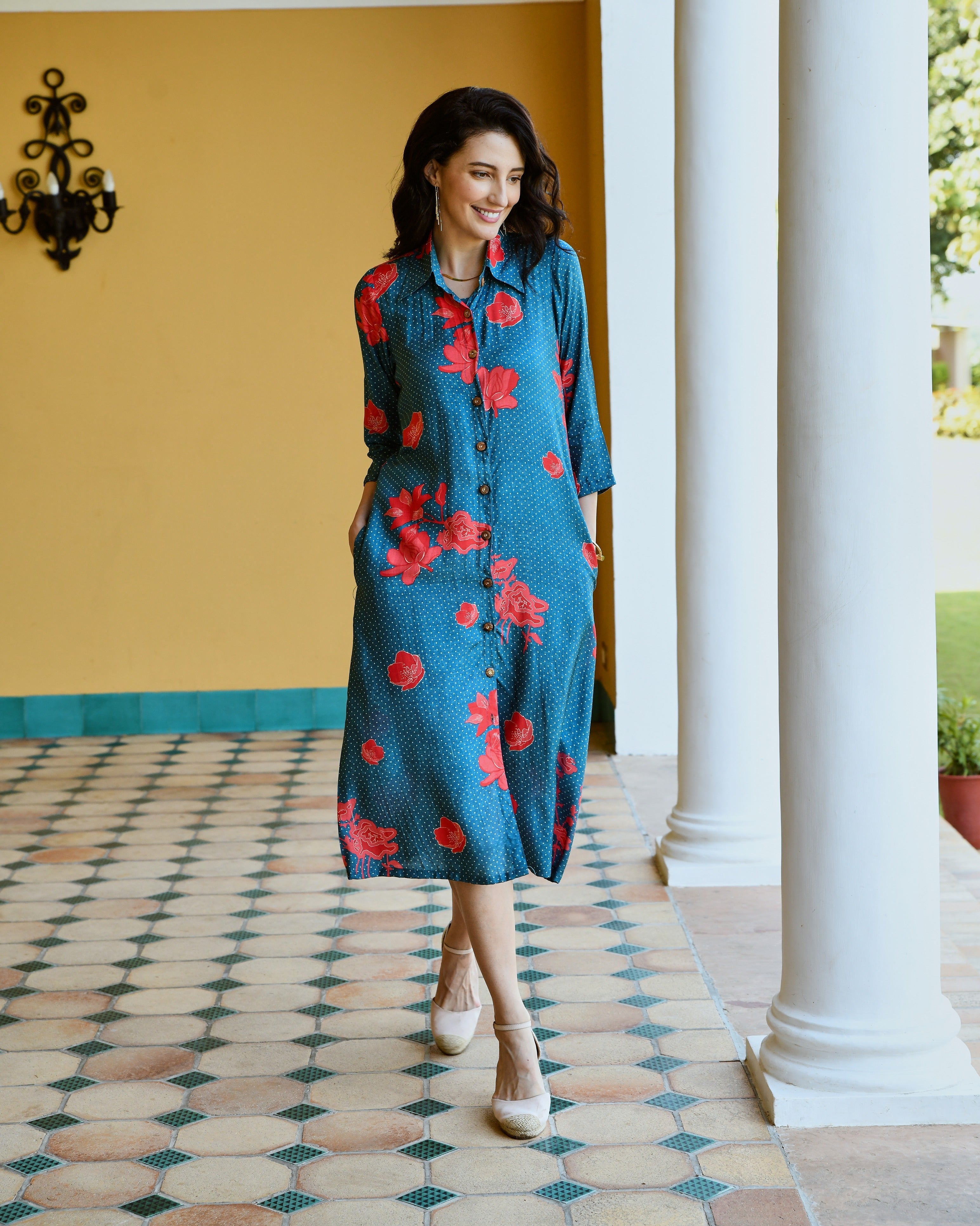 BLUE PRINTED LONG ALINE SHIRT DRESS
