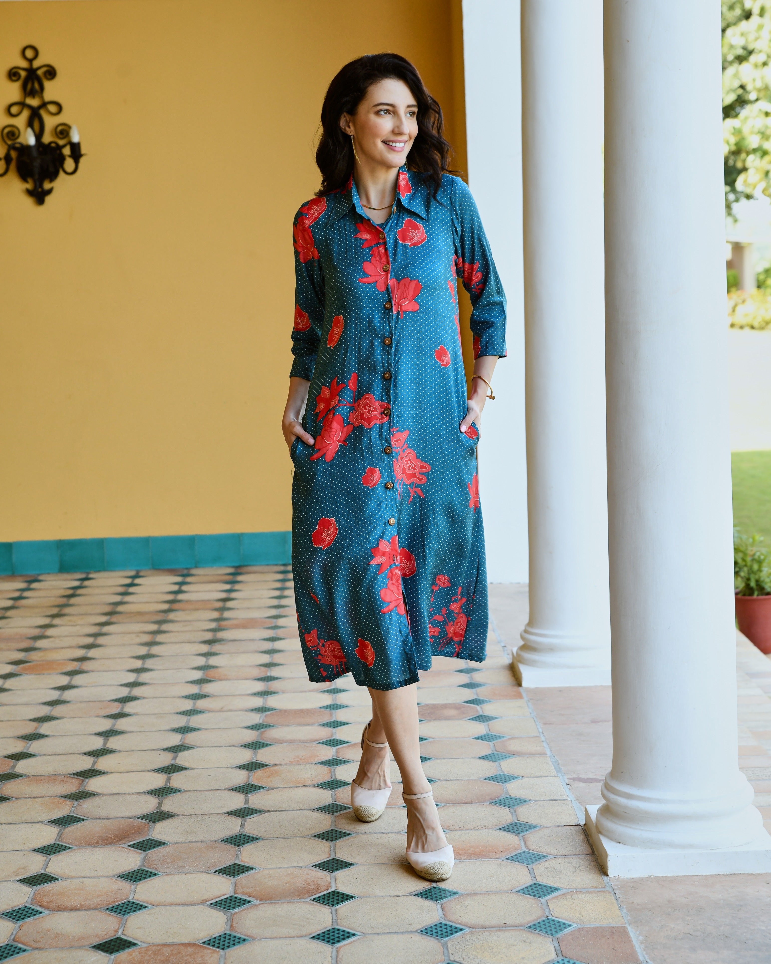 BLUE PRINTED LONG ALINE SHIRT DRESS