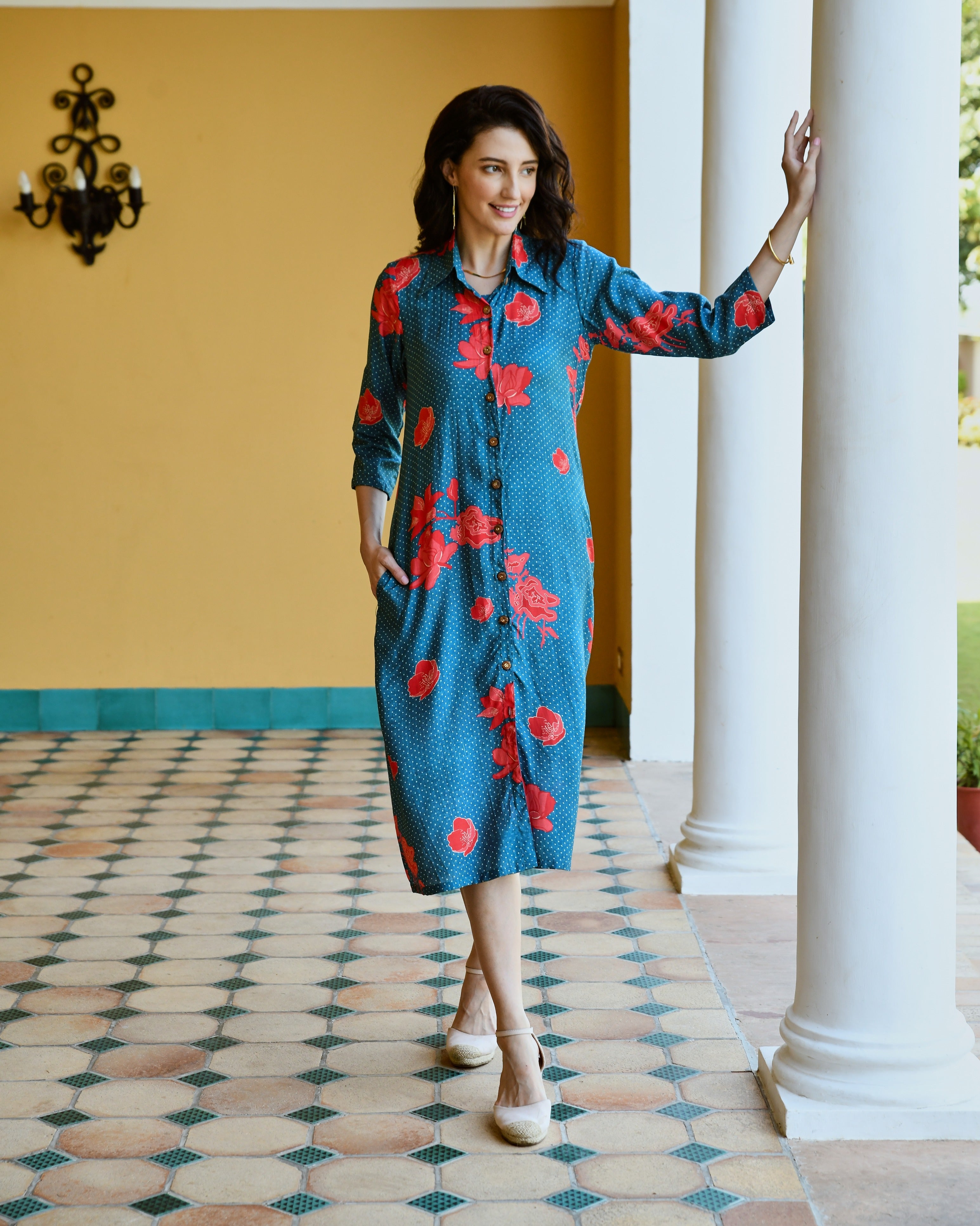 BLUE PRINTED LONG ALINE SHIRT DRESS