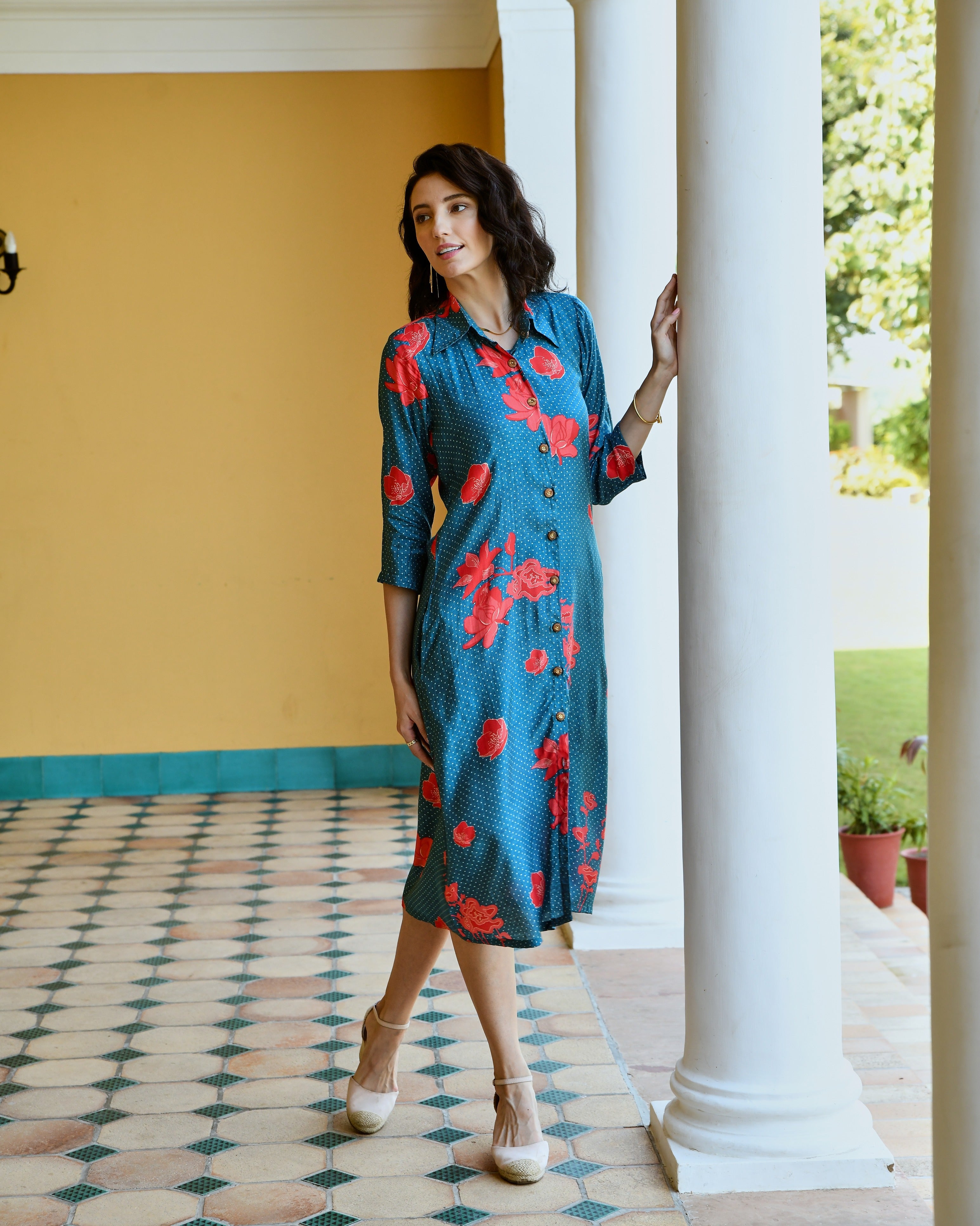 BLUE PRINTED LONG ALINE SHIRT DRESS