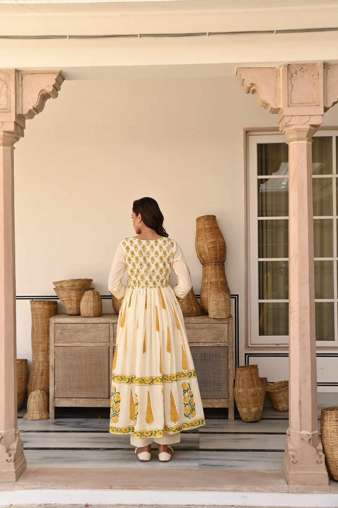 YELLOW BLOCK PRINT COTTON ANARKALI SET