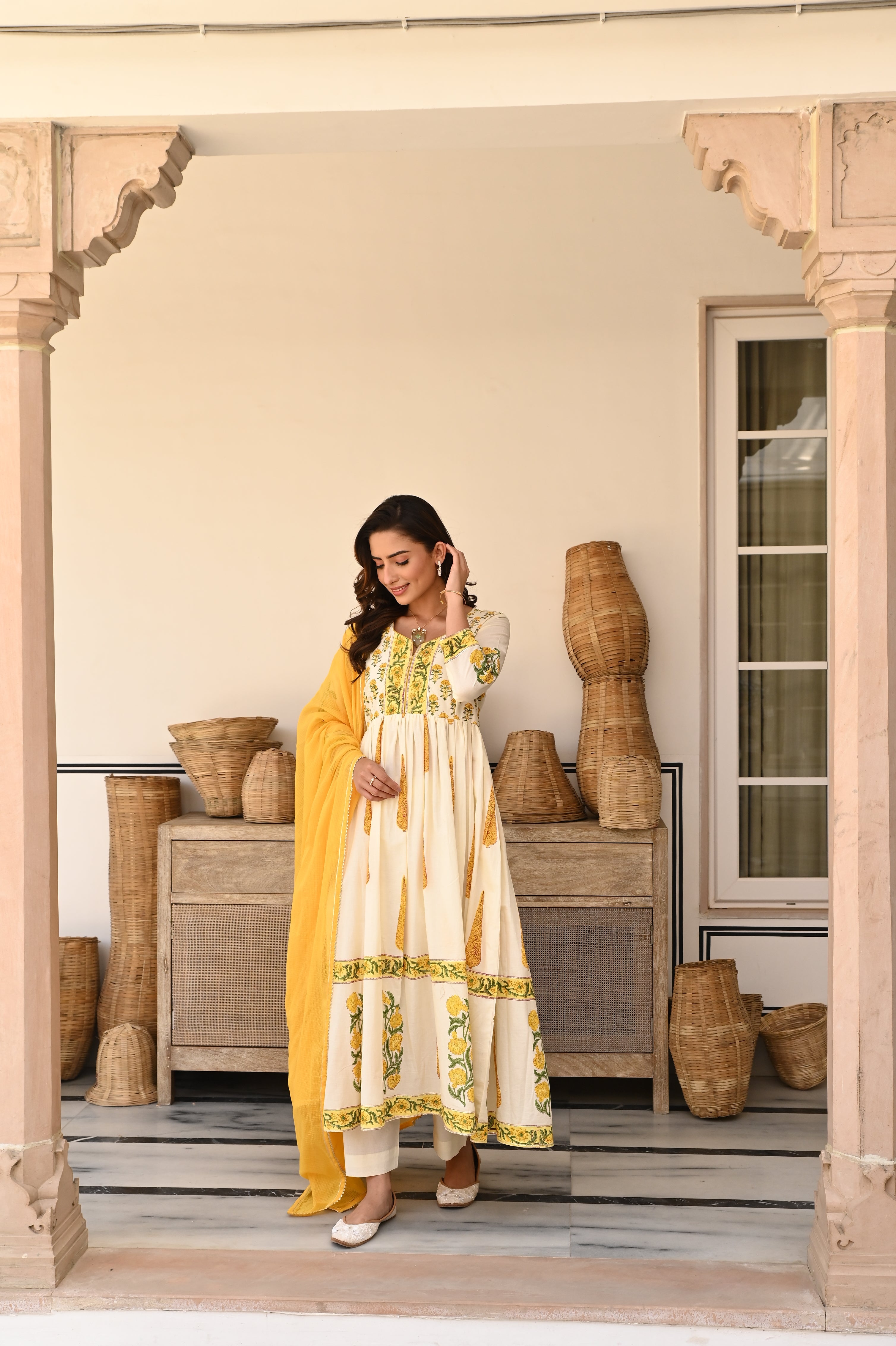 YELLOW BLOCK PRINT COTTON ANARKALI SET