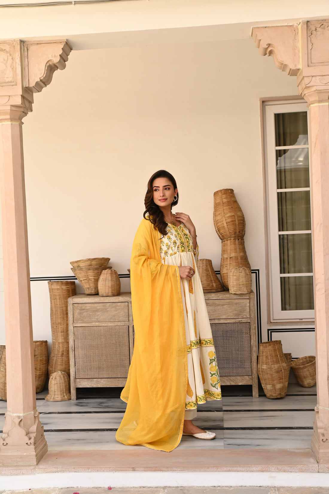 YELLOW BLOCK PRINT COTTON ANARKALI SET