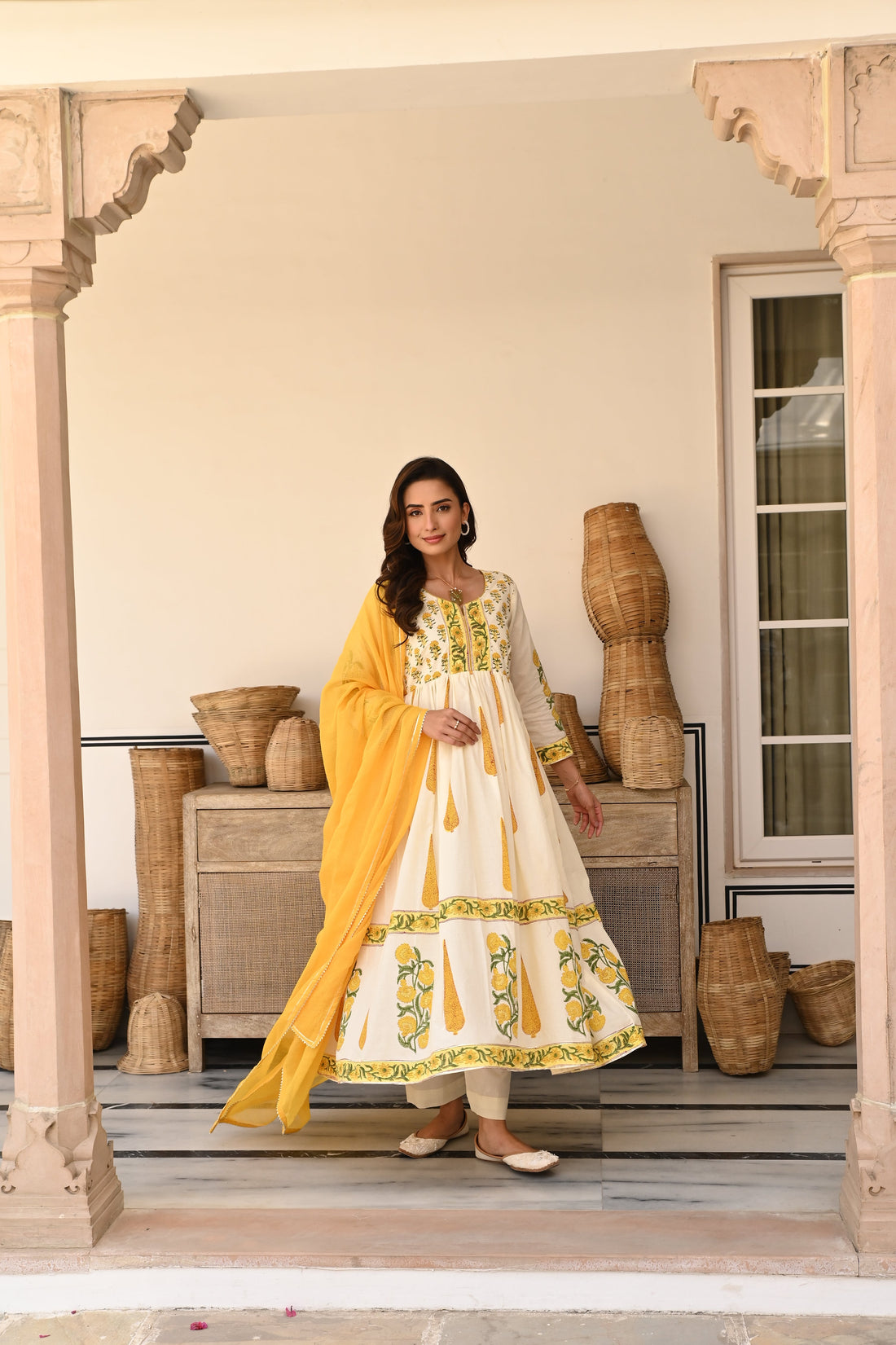 YELLOW BLOCK PRINT COTTON ANARKALI SET