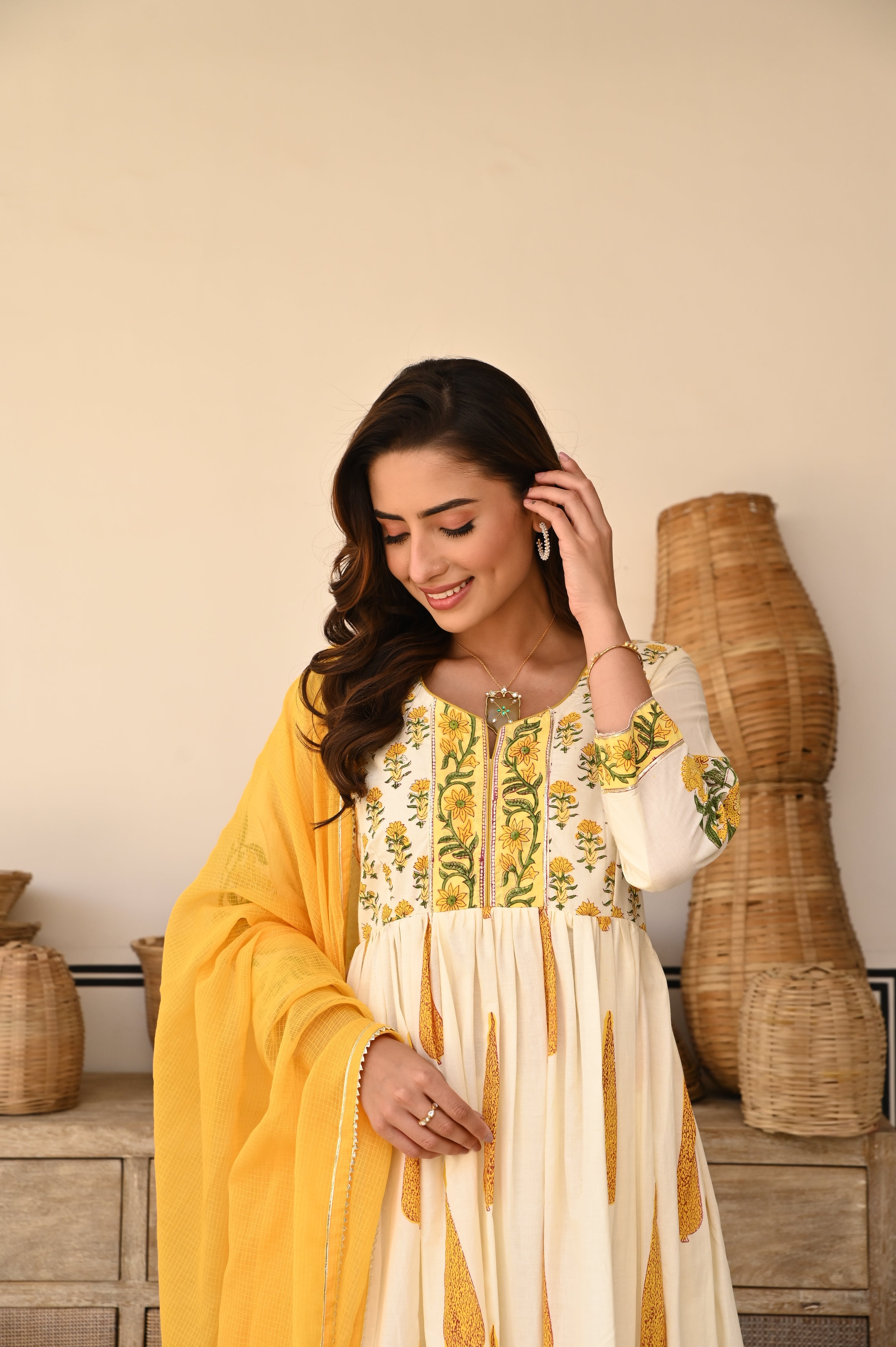 YELLOW BLOCK PRINT COTTON ANARKALI SET