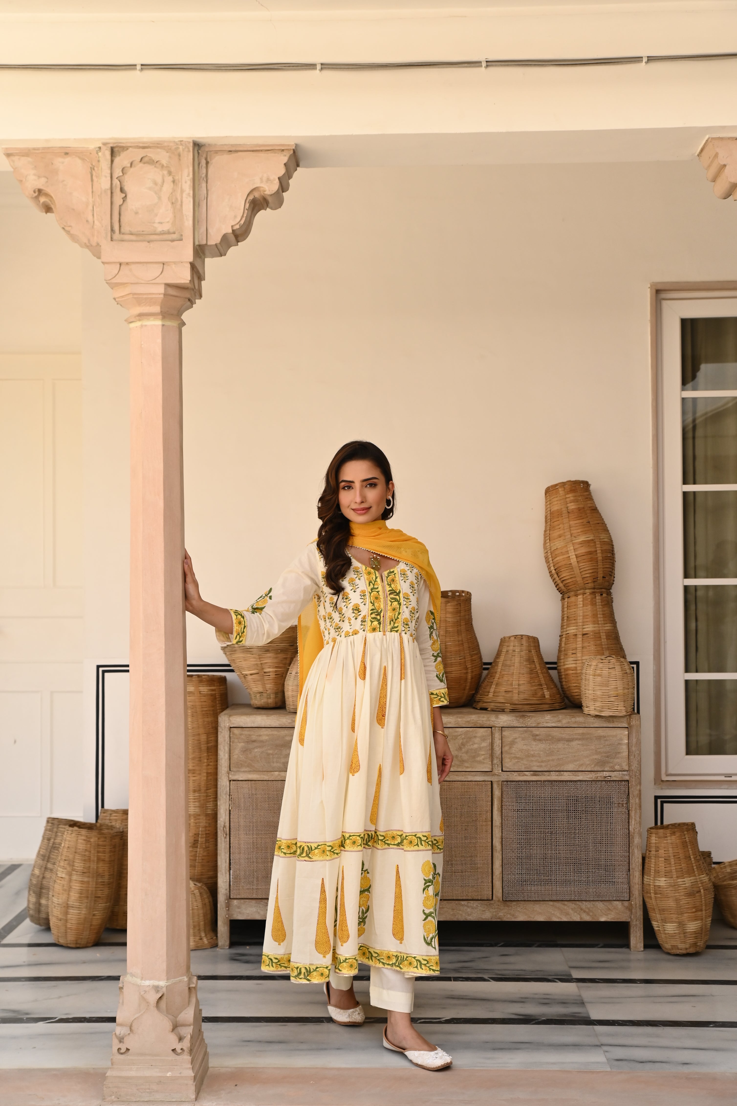 YELLOW BLOCK PRINT COTTON ANARKALI SET