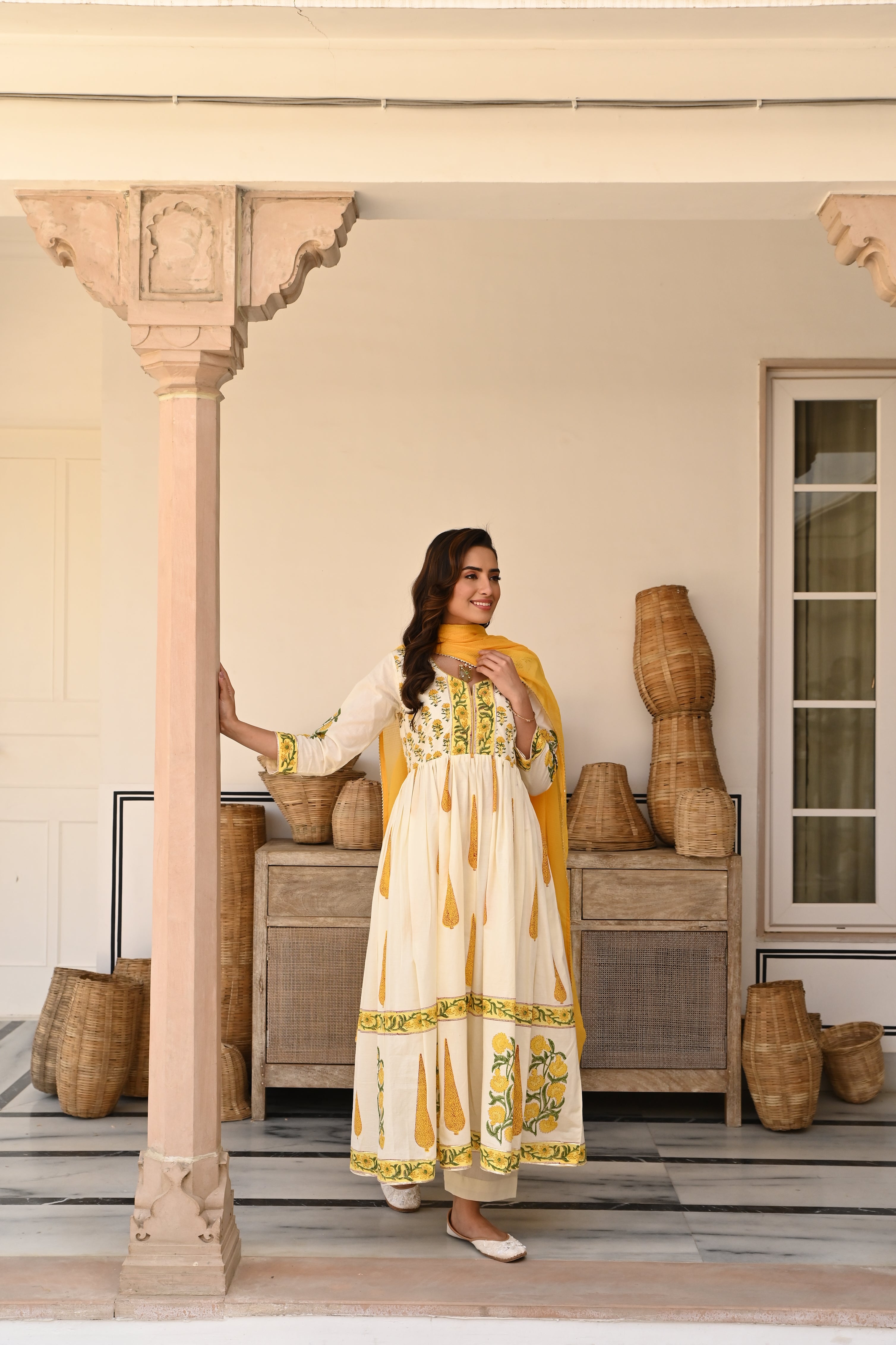 YELLOW BLOCK PRINT COTTON ANARKALI SET