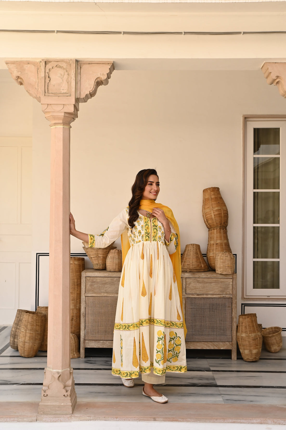 YELLOW BLOCK PRINT COTTON ANARKALI SET