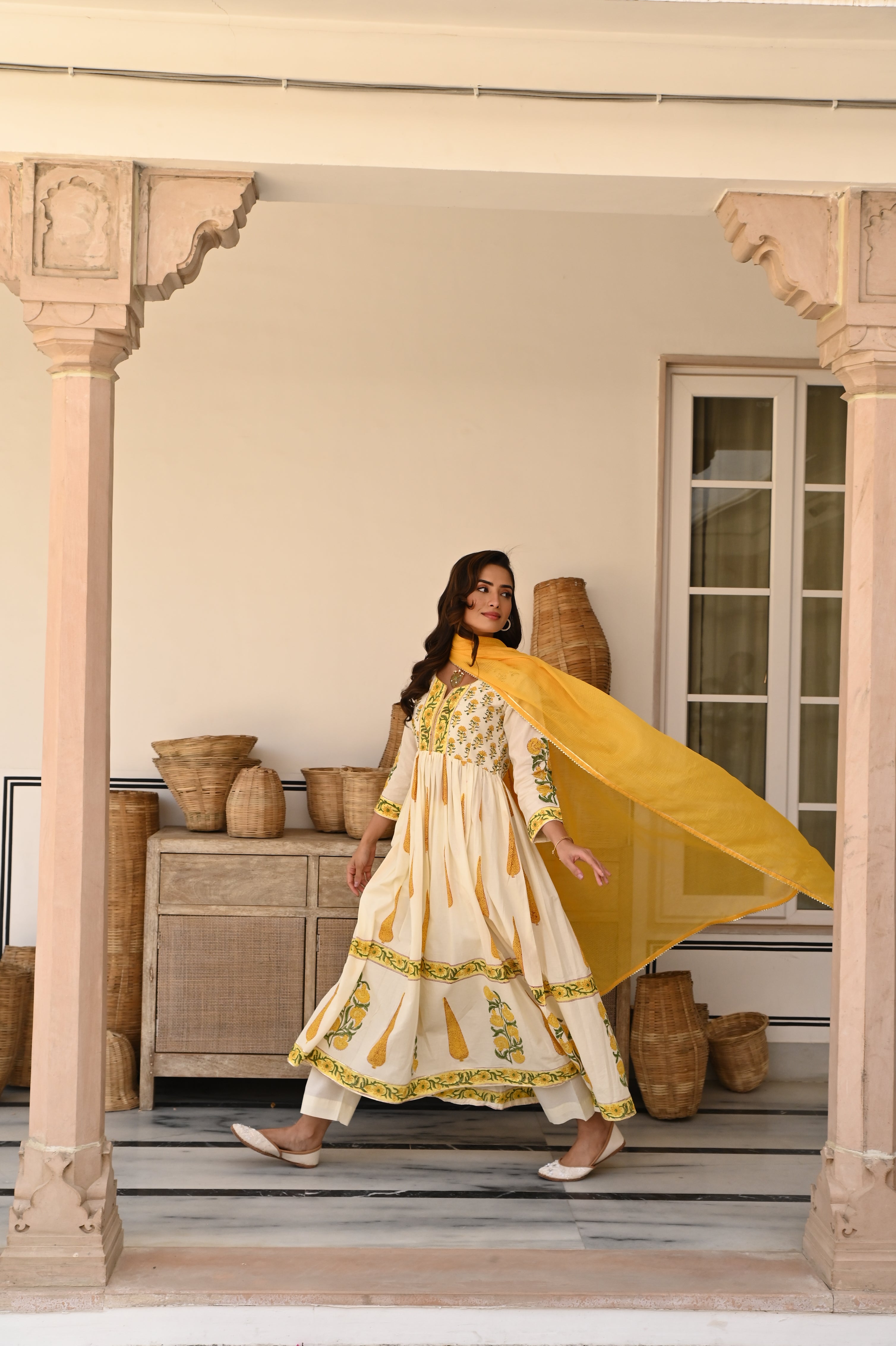 YELLOW BLOCK PRINT COTTON ANARKALI SET