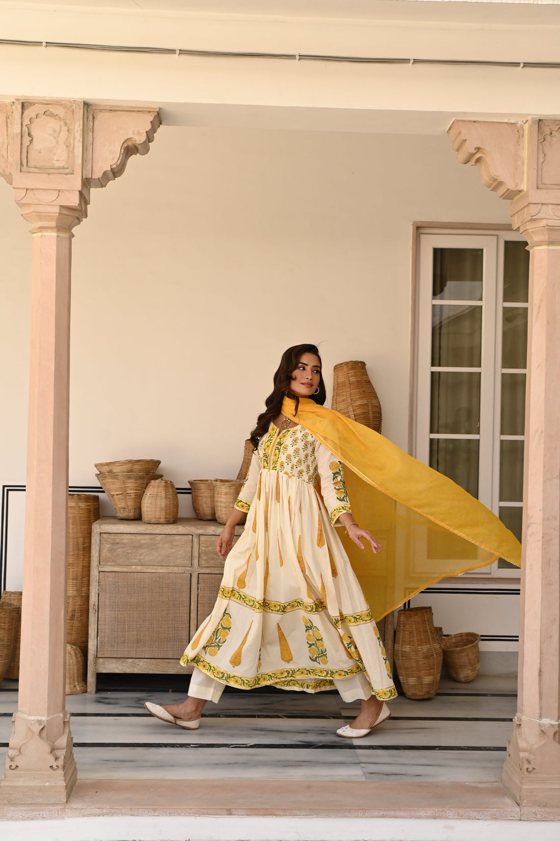 YELLOW BLOCK PRINT COTTON ANARKALI SET