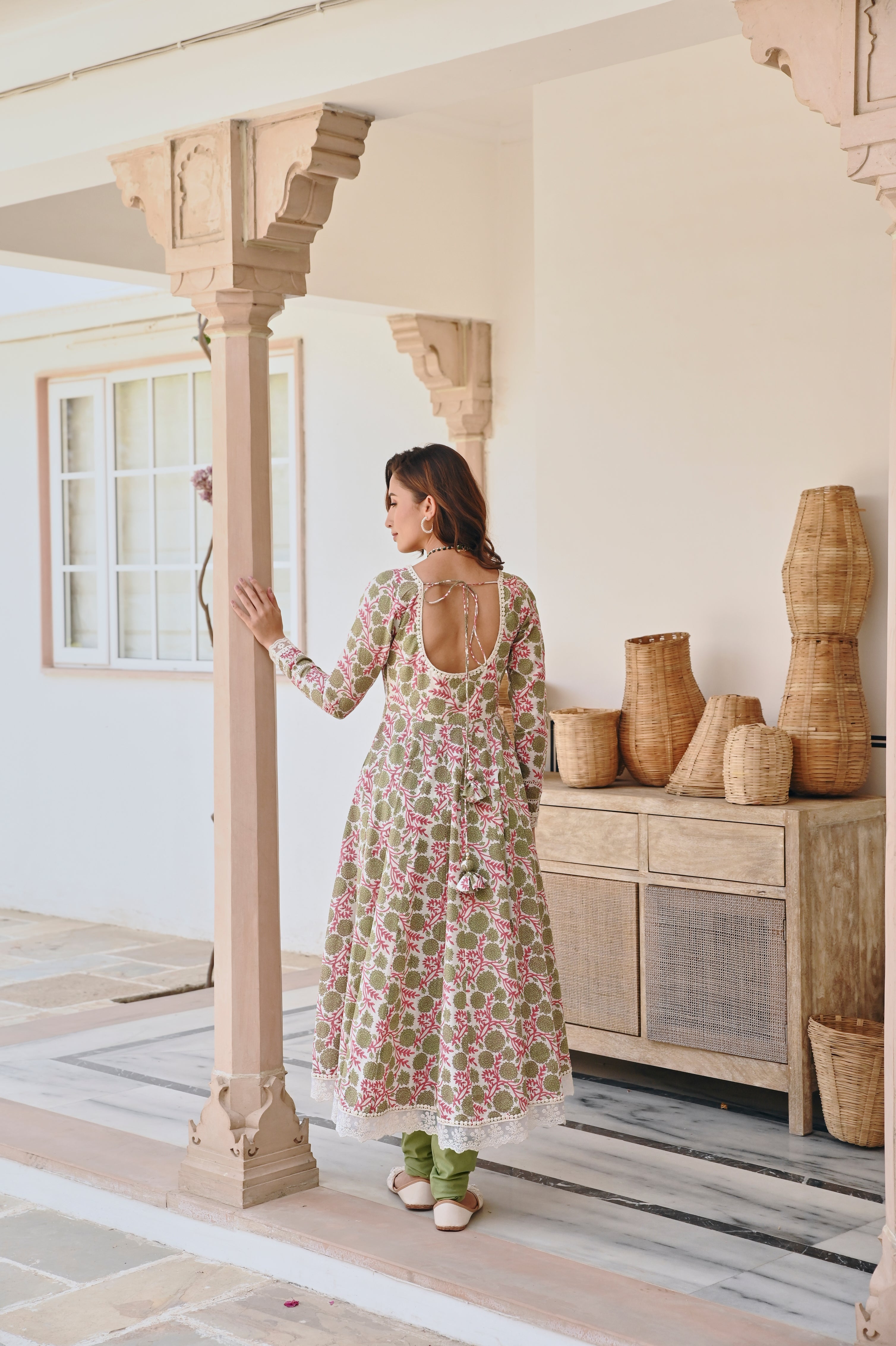 V-NECK GREEN FLORAL JAAL PRINT ANARKALI