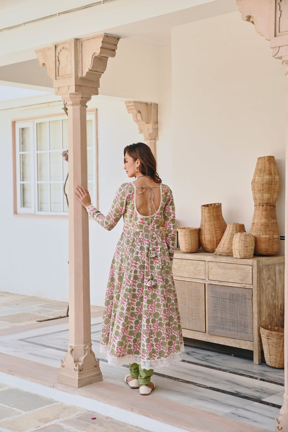 V-NECK GREEN FLORAL JAAL PRINT ANARKALI