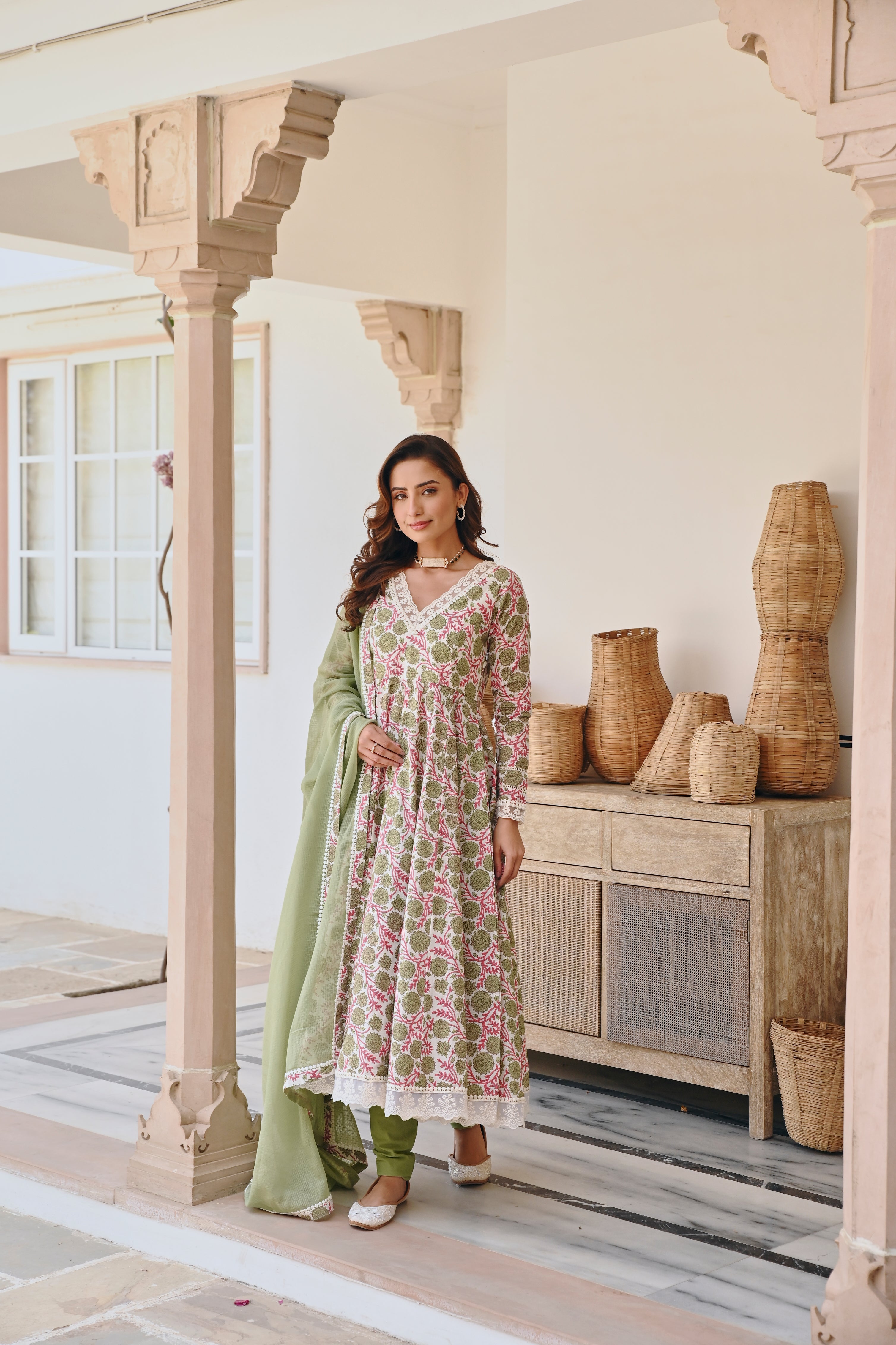 V-NECK GREEN FLORAL JAAL PRINT ANARKALI
