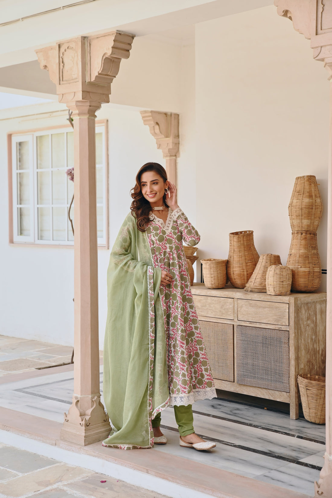 V-NECK GREEN FLORAL JAAL PRINT ANARKALI