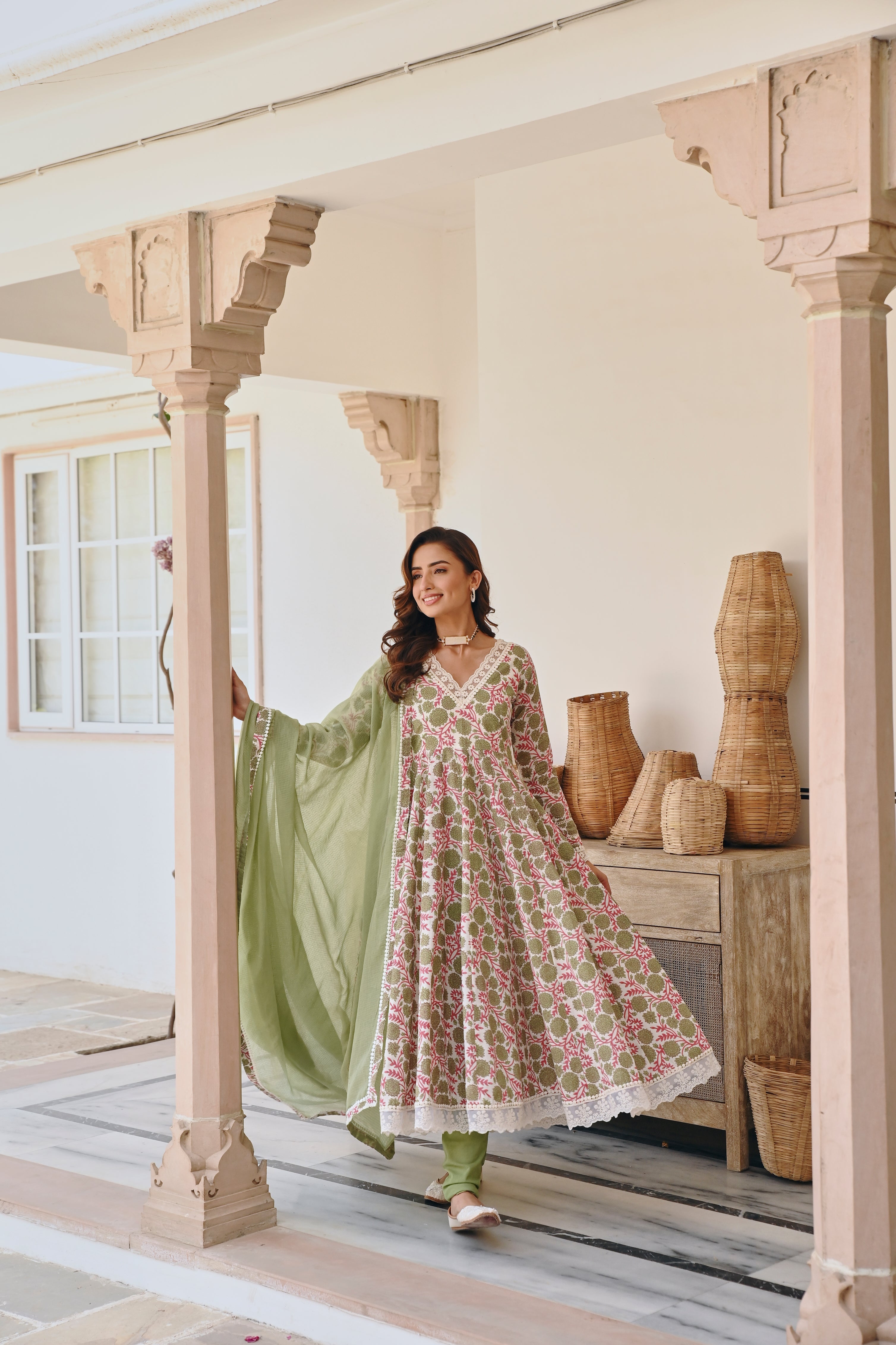 V-NECK GREEN FLORAL JAAL PRINT ANARKALI