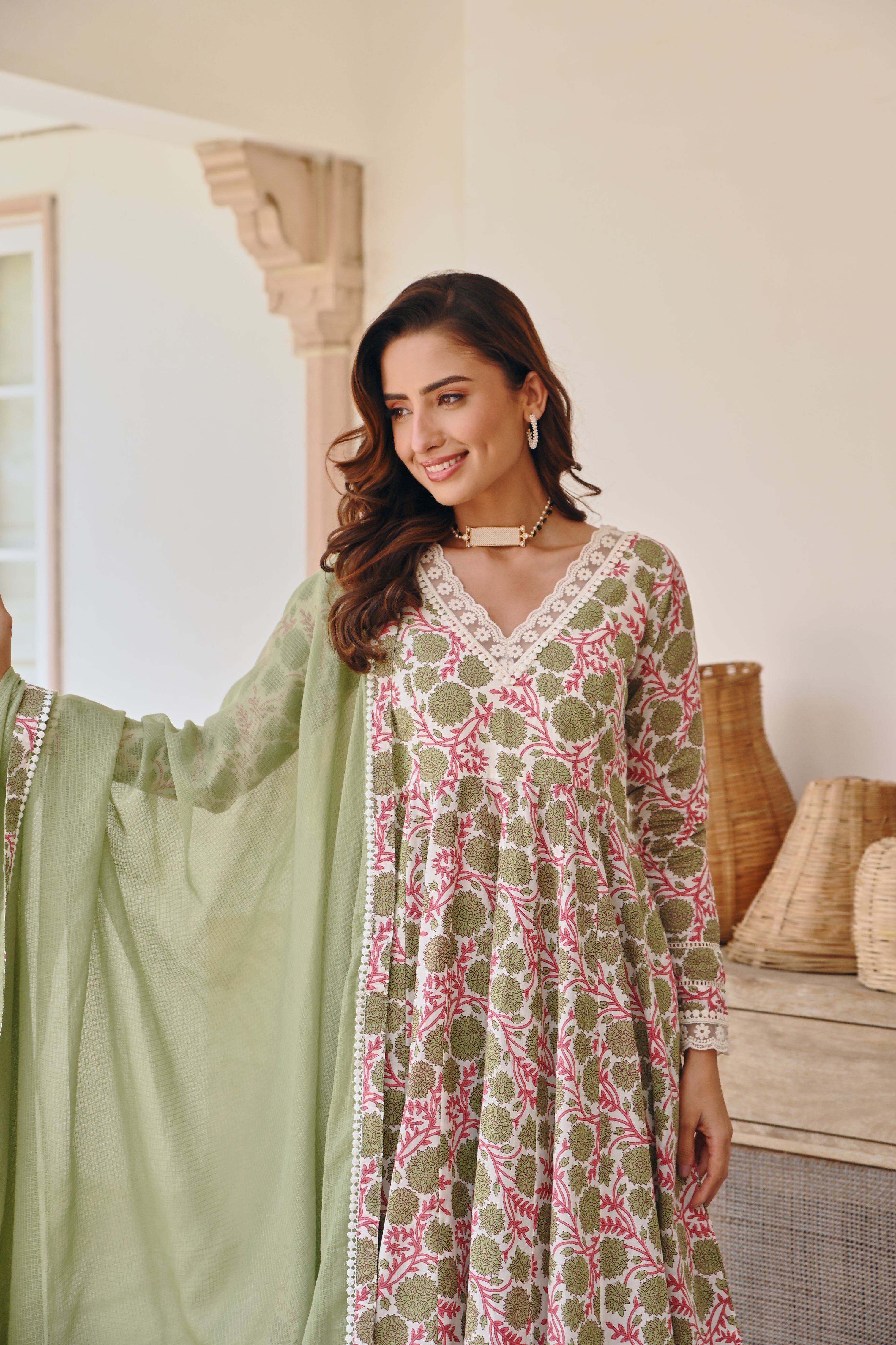 V-NECK GREEN FLORAL JAAL PRINT ANARKALI