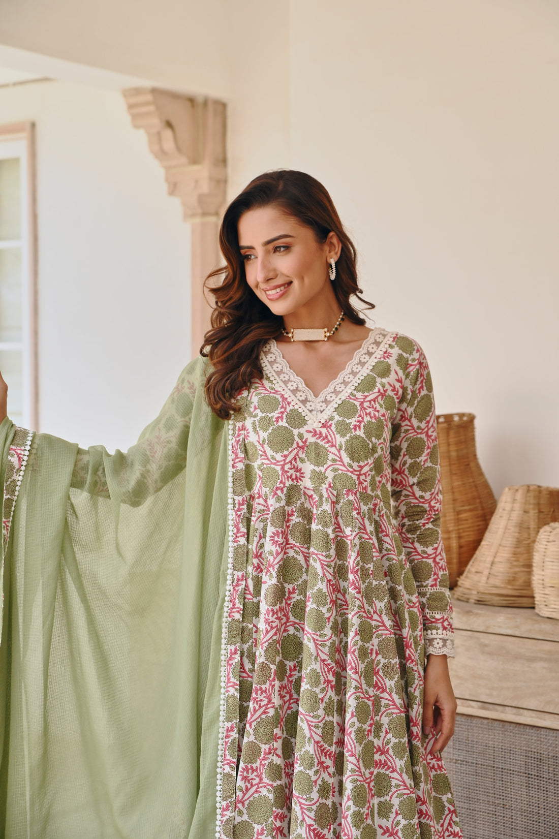 V-NECK GREEN FLORAL JAAL PRINT ANARKALI