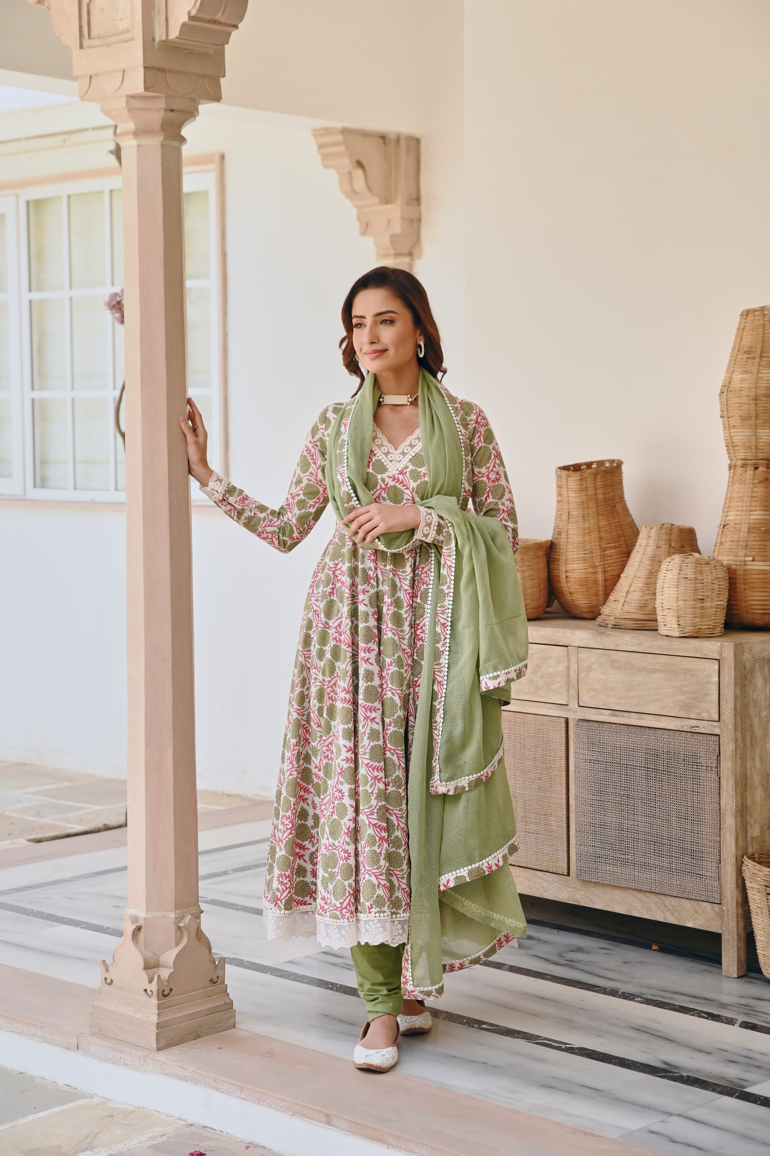V-NECK GREEN FLORAL JAAL PRINT ANARKALI