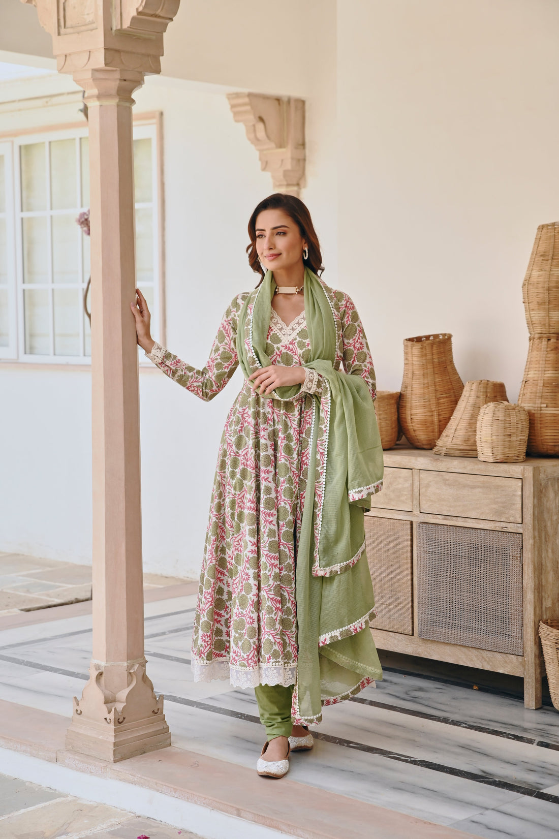 V-NECK GREEN FLORAL JAAL PRINT ANARKALI