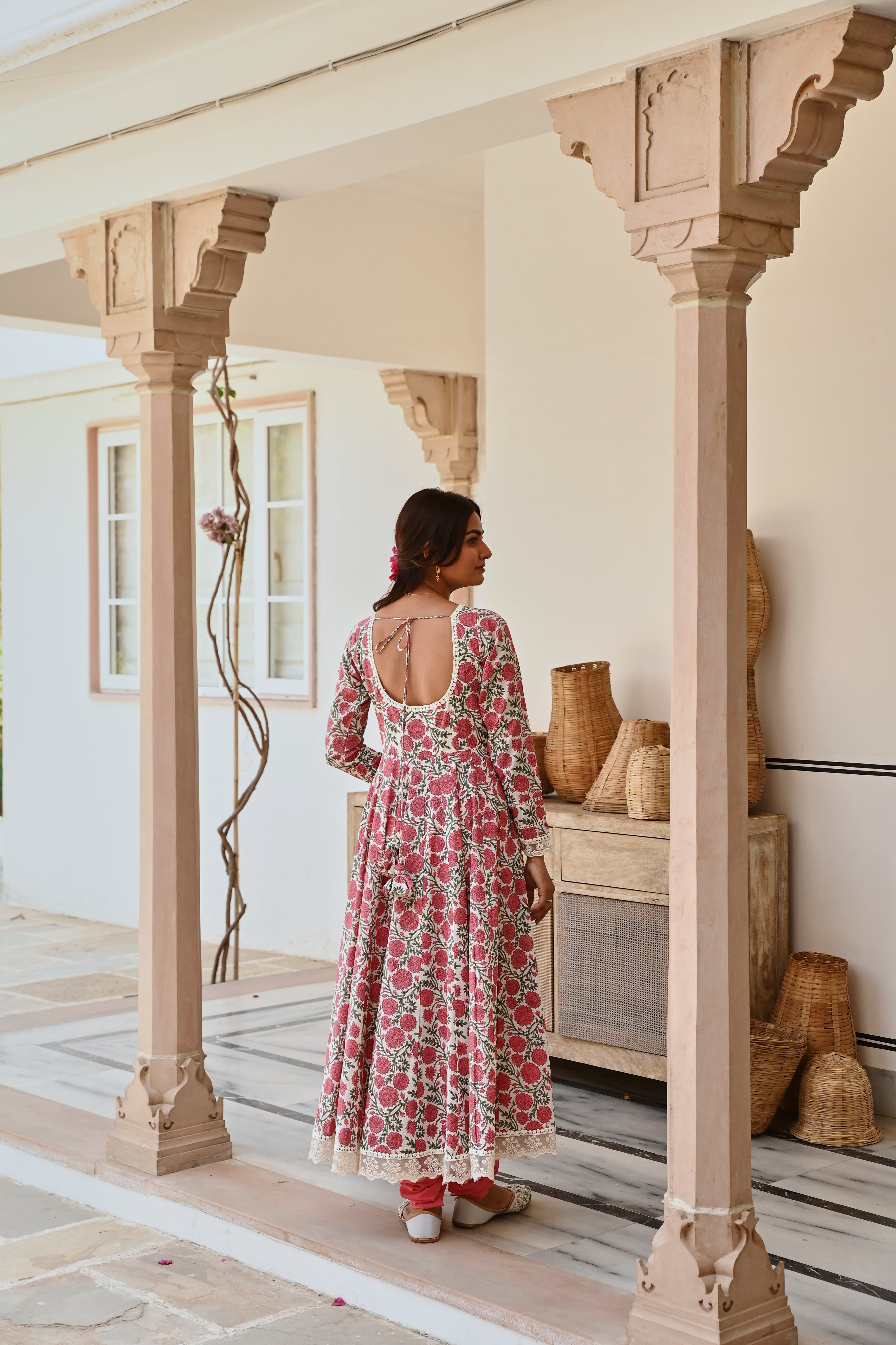 V-NECK CARROT RED JAAL PRINT ANARKALI