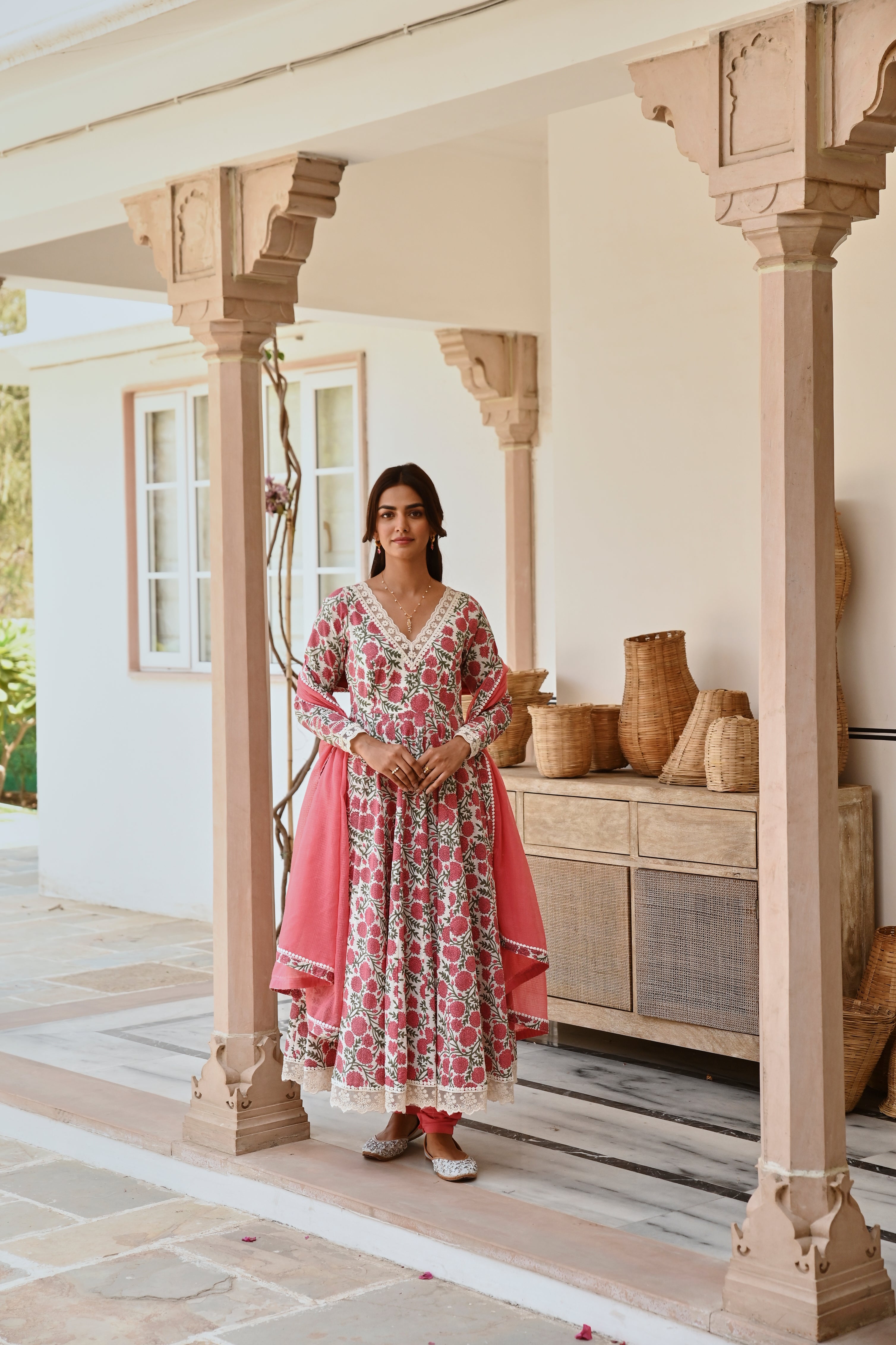 V-NECK CARROT RED JAAL PRINT ANARKALI