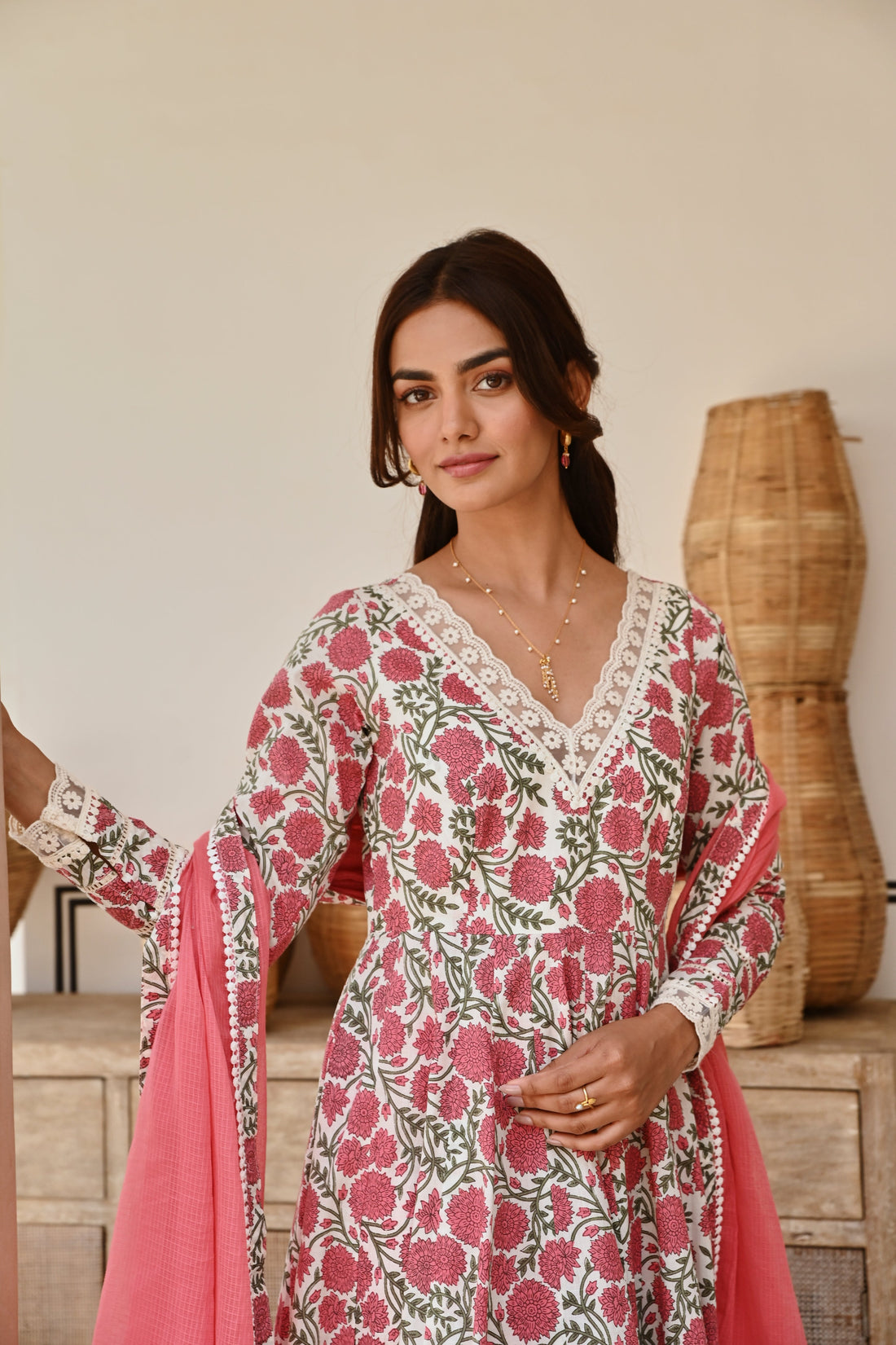 V-NECK CARROT RED JAAL PRINT ANARKALI