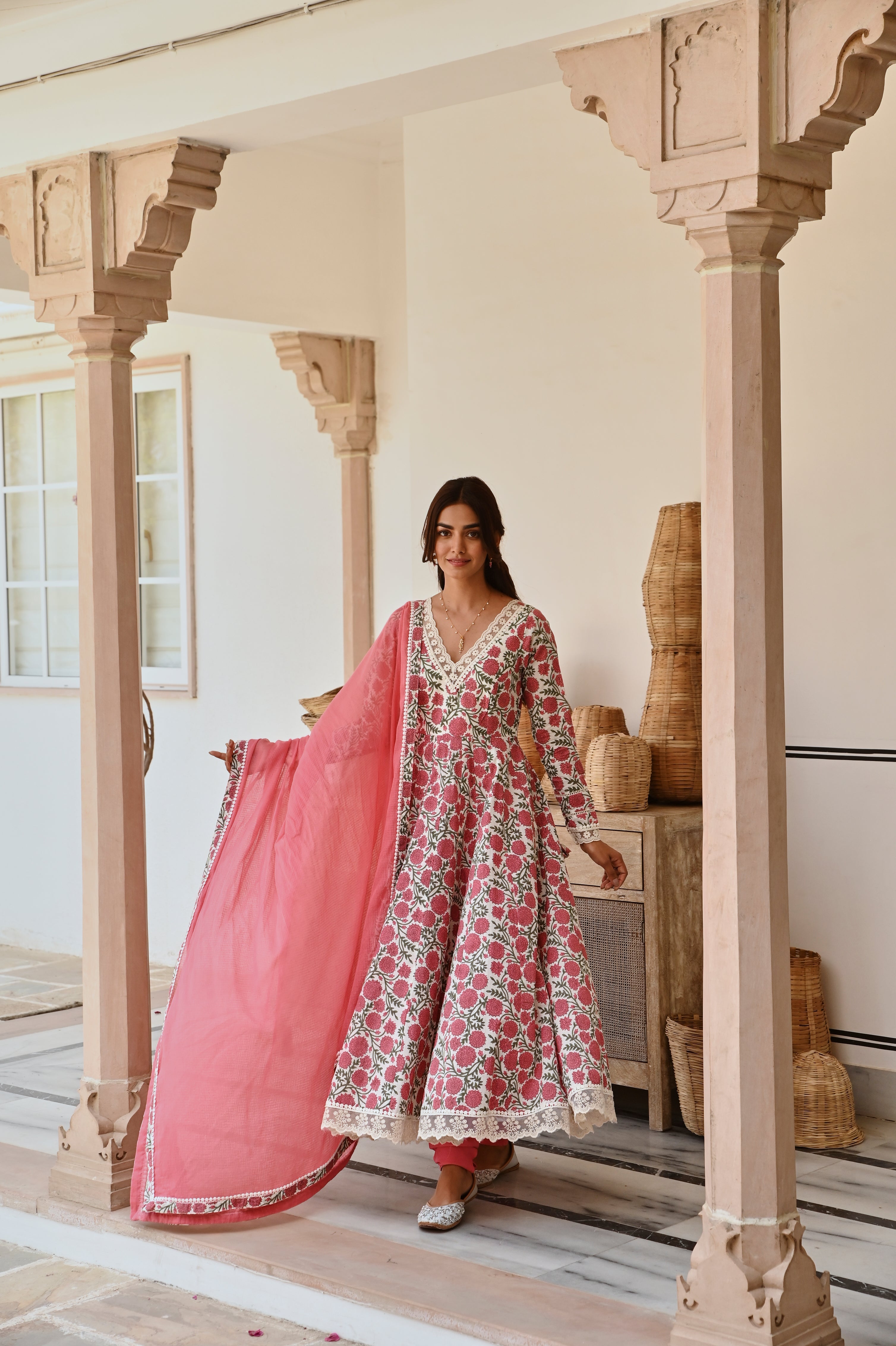 V-NECK CARROT RED JAAL PRINT ANARKALI