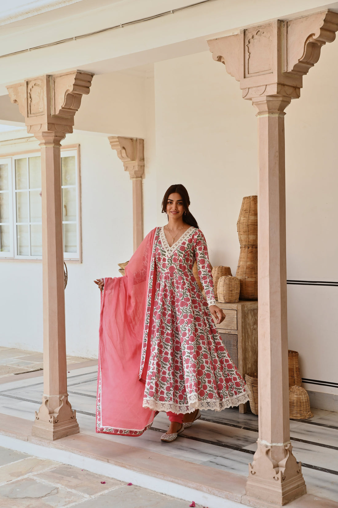 V-NECK CARROT RED JAAL PRINT ANARKALI