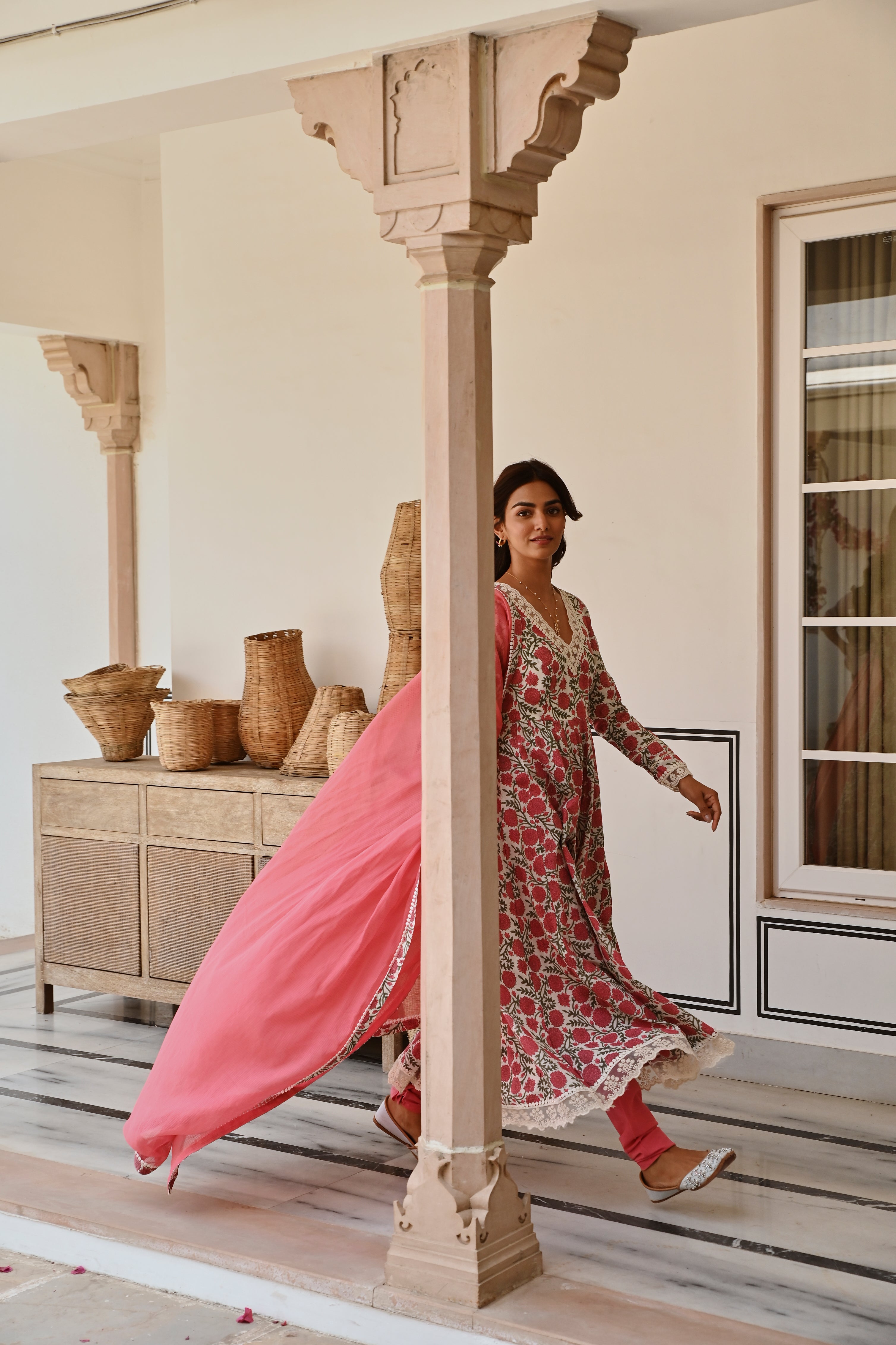 V-NECK CARROT RED JAAL PRINT ANARKALI
