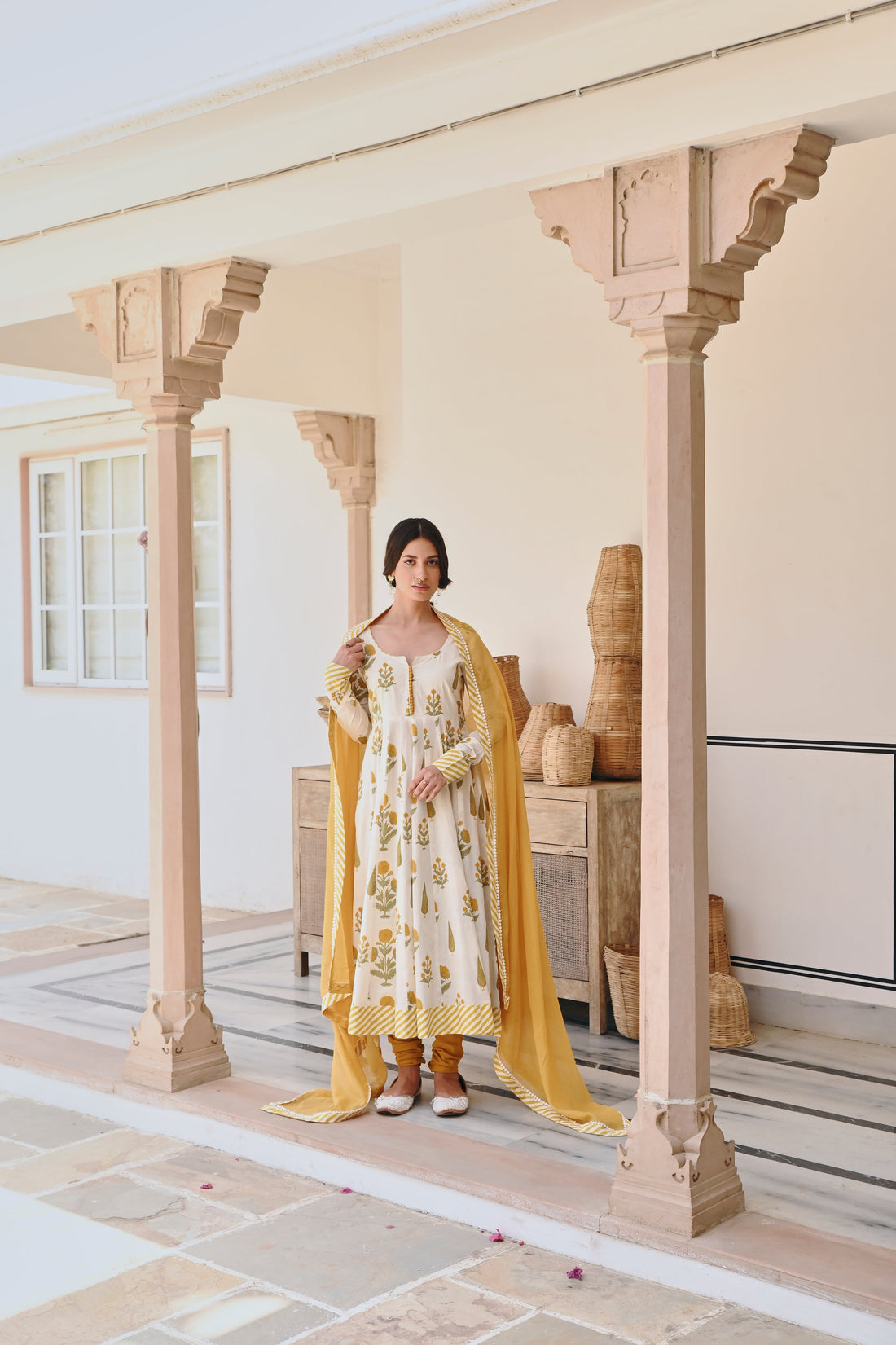 YELLOW BUTTA PRINT ANARKALI