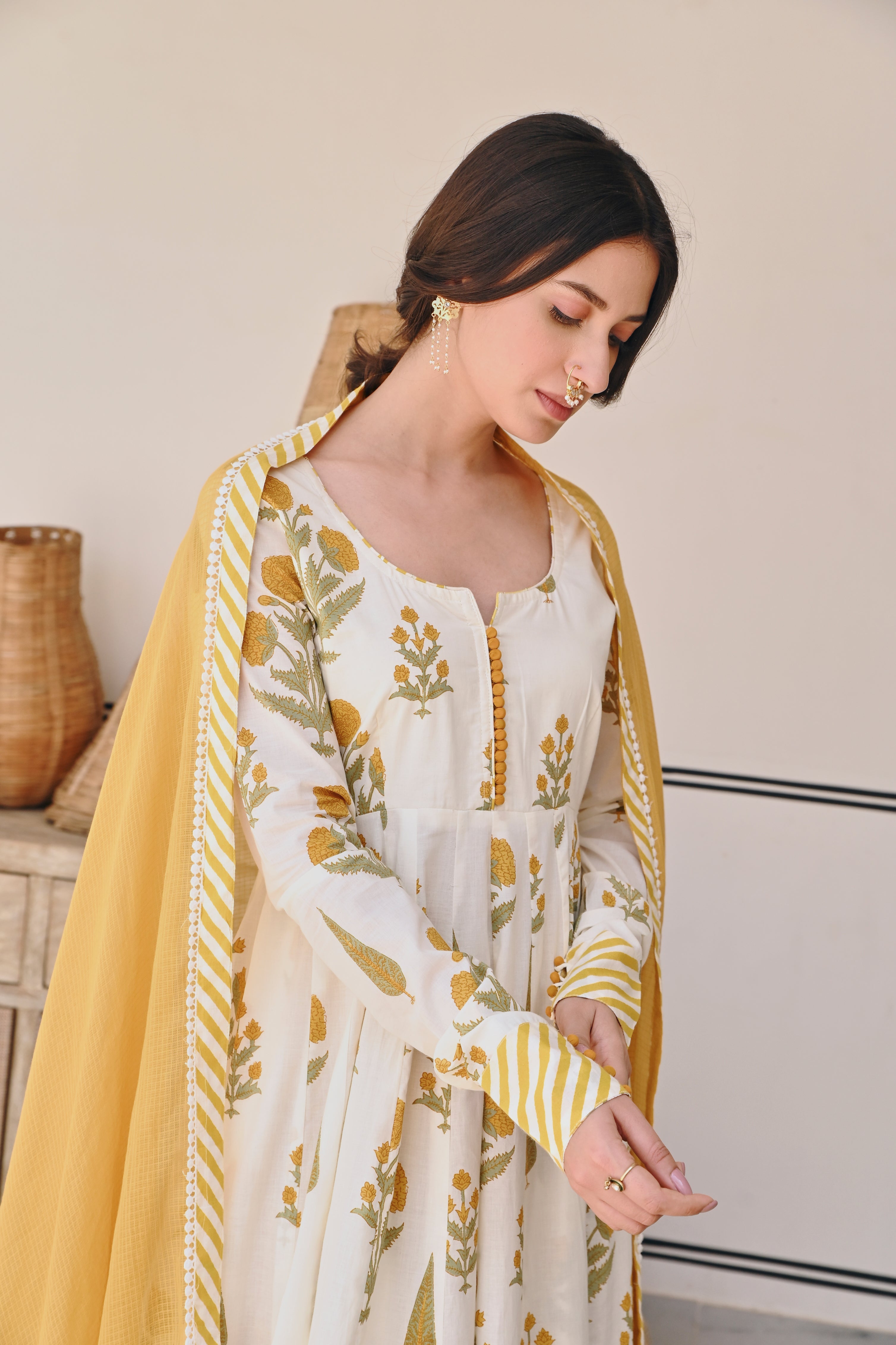 YELLOW BUTTA PRINT ANARKALI