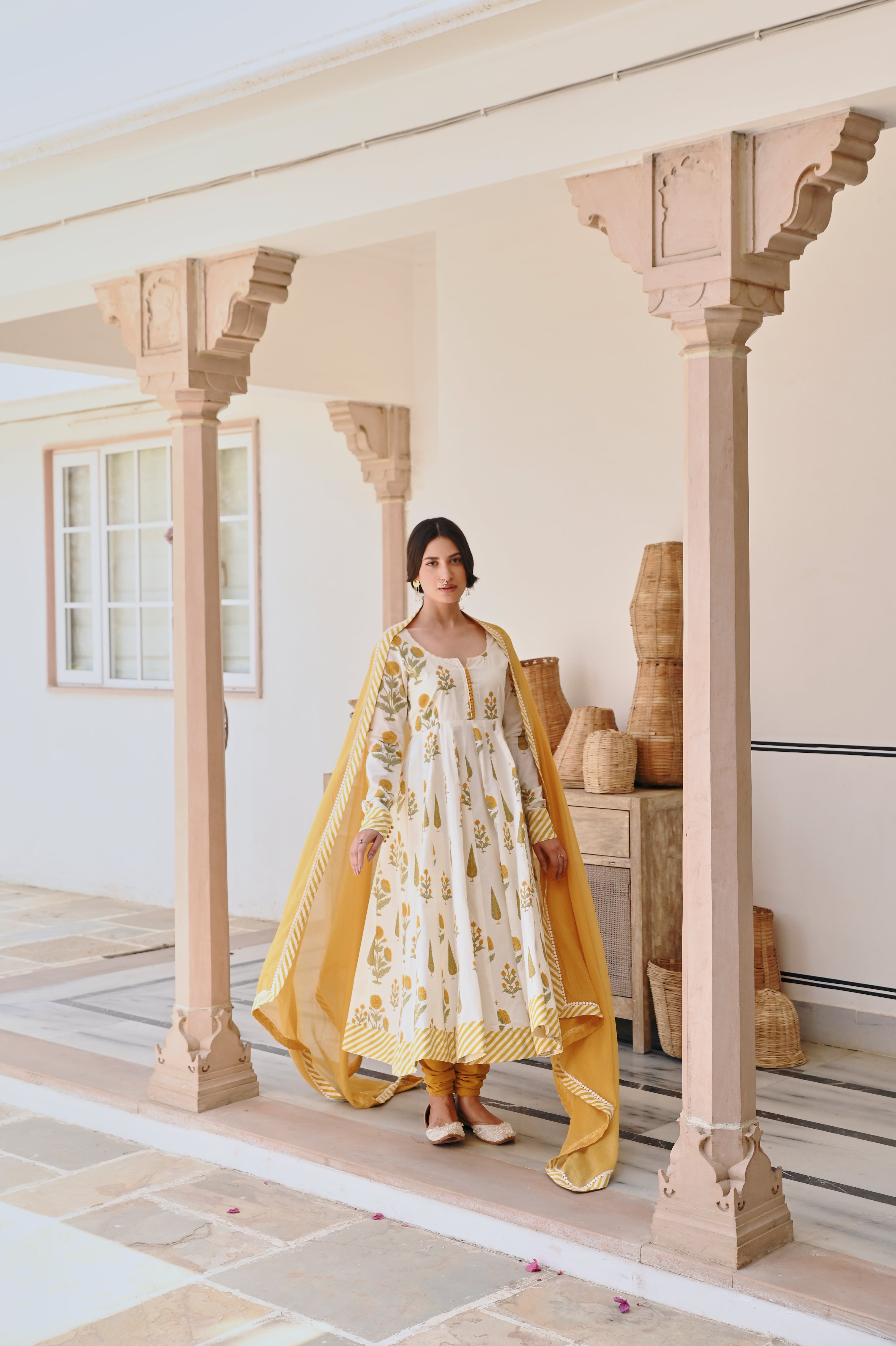 YELLOW BUTTA PRINT ANARKALI