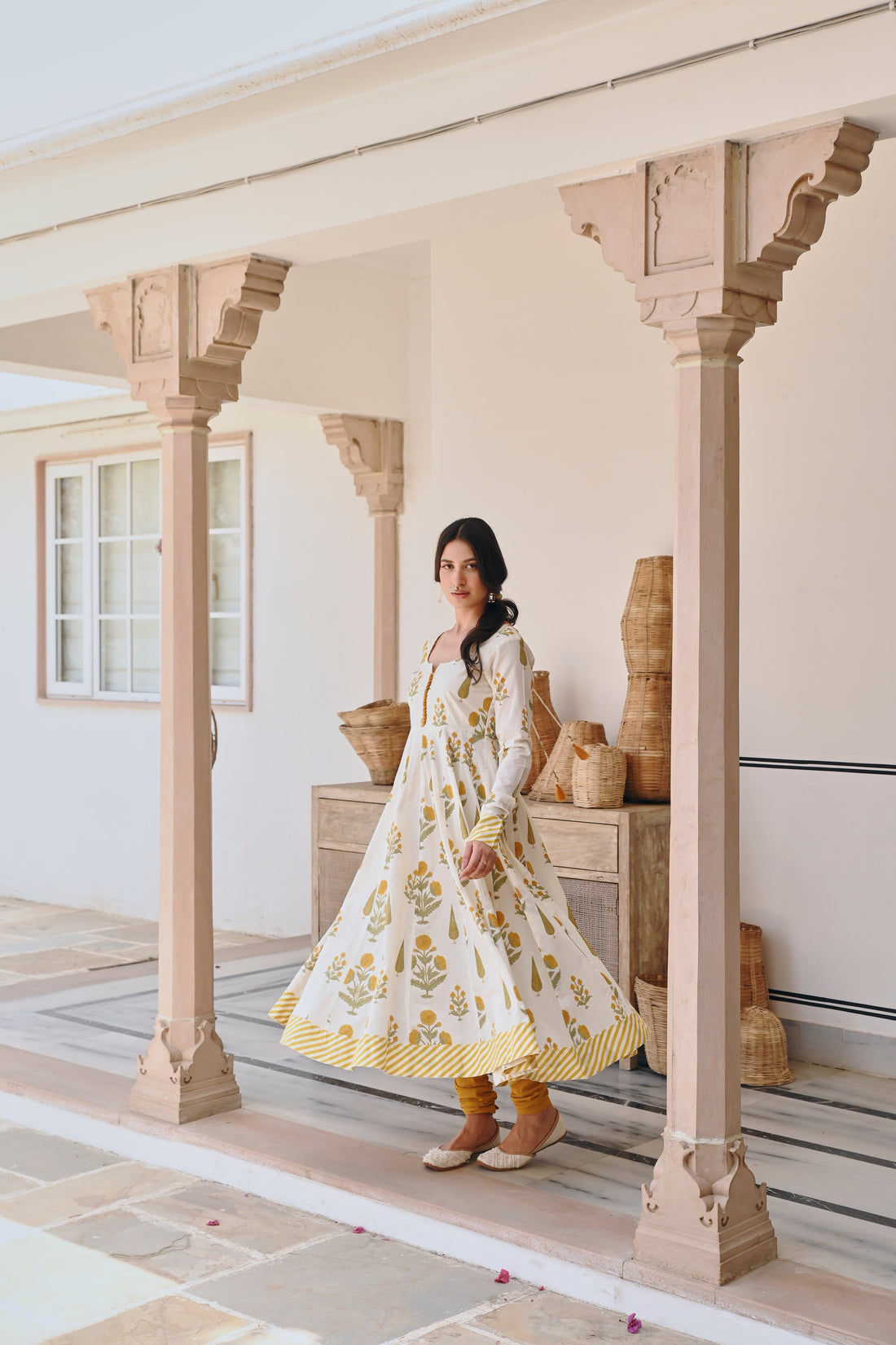 YELLOW BUTTA PRINT ANARKALI