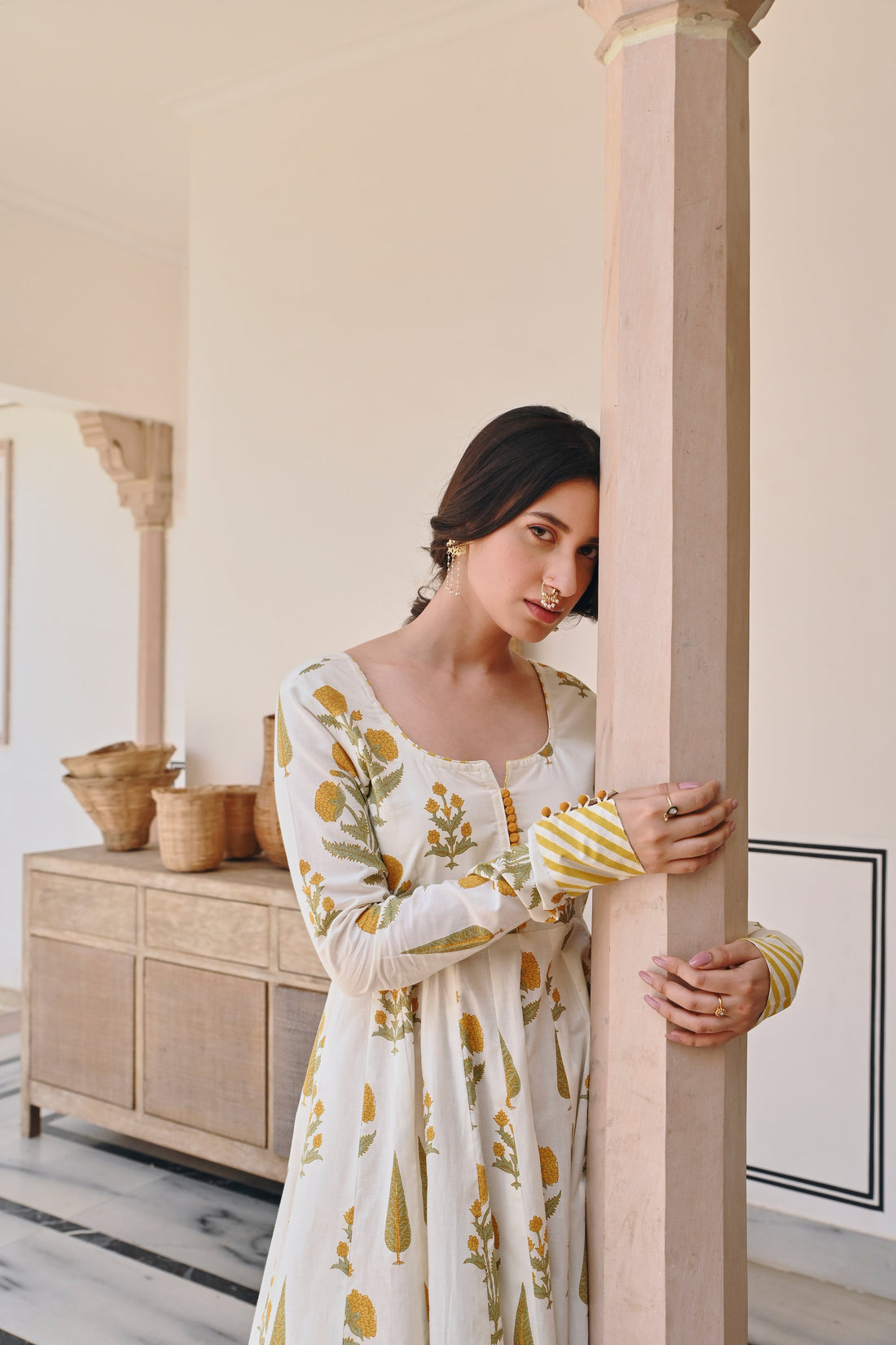 YELLOW BUTTA PRINT ANARKALI