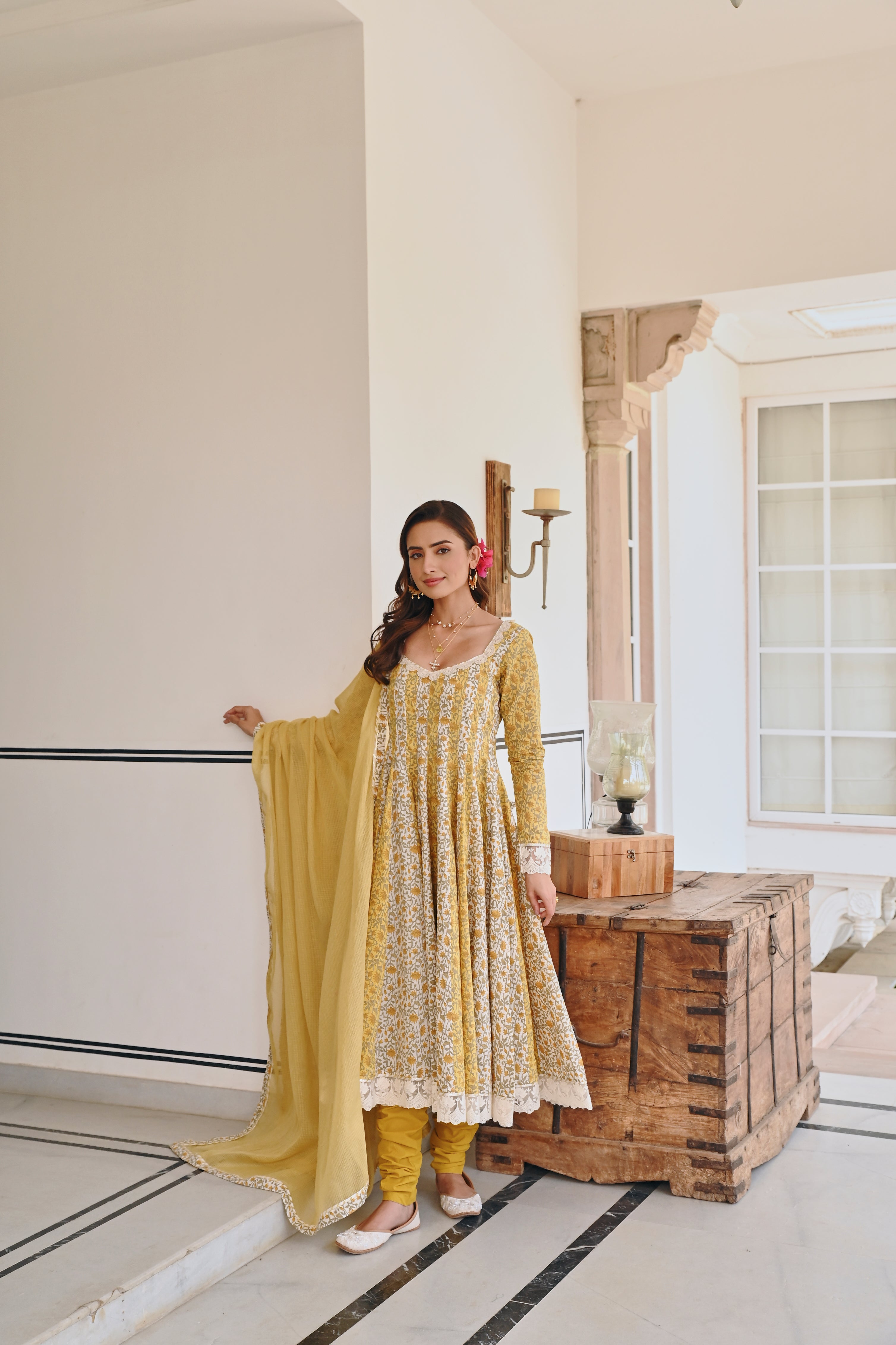 MUSTARD FLORAL PRINT ANARKALI SET