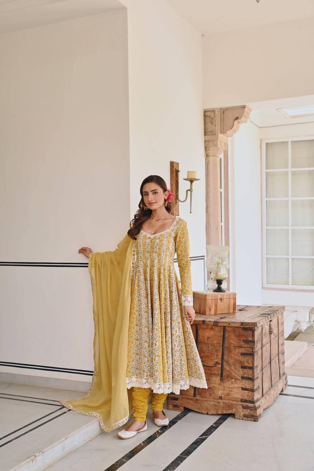 MUSTARD FLORAL PRINT ANARKALI SET