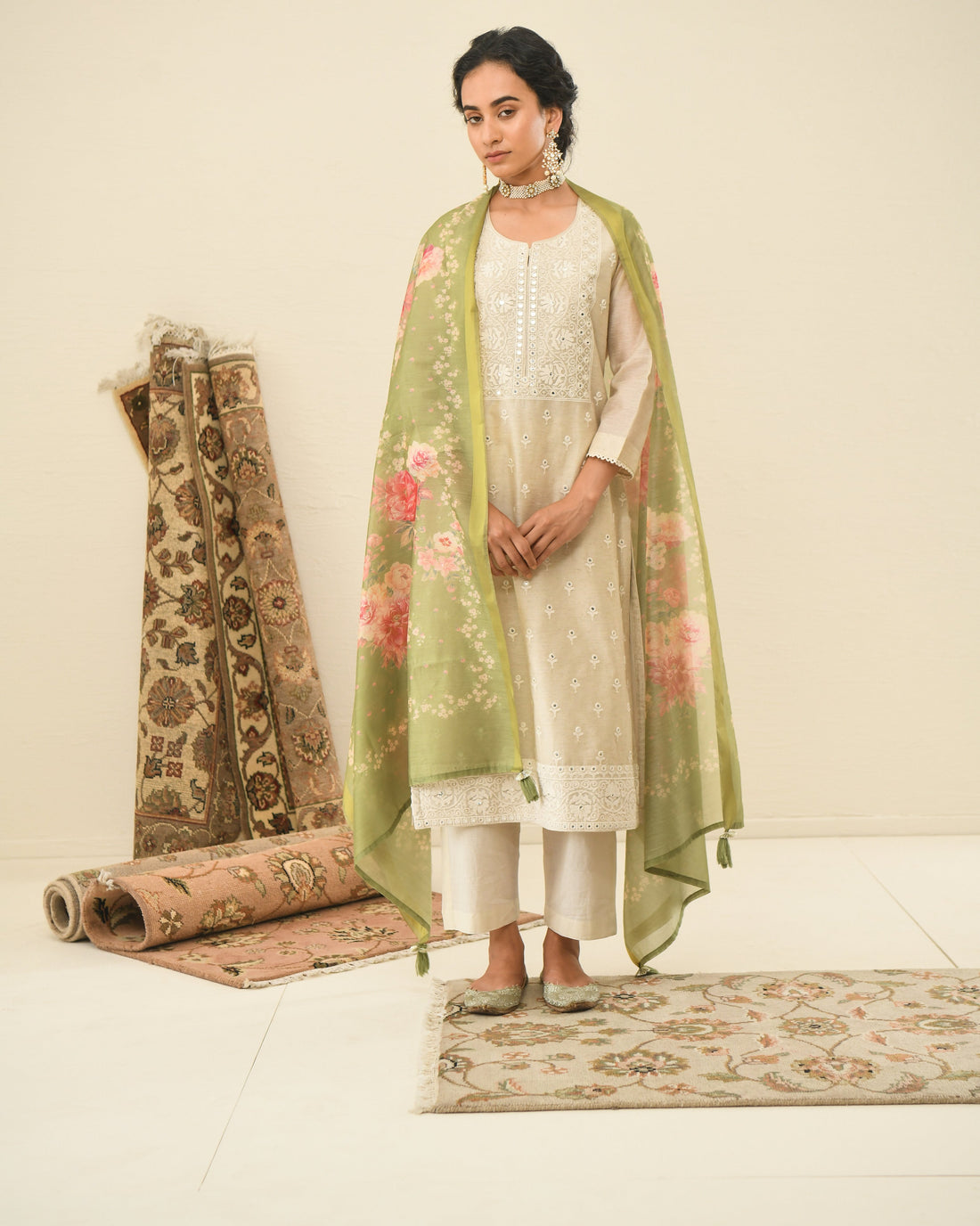CREAM NAZAM KURTA SET WITH PRINTED DUPATTA